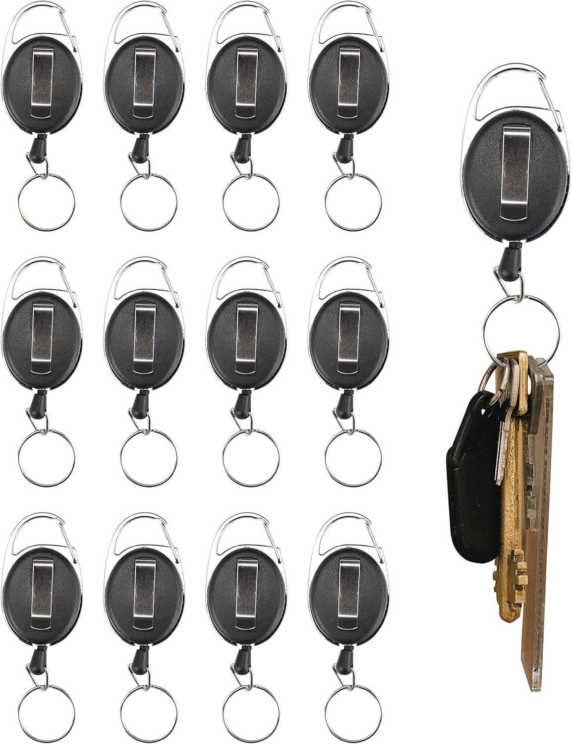 Iconikal 12-Pack Retractable Carabiner Belt Clip Keychain Ring ID Badge Holder j