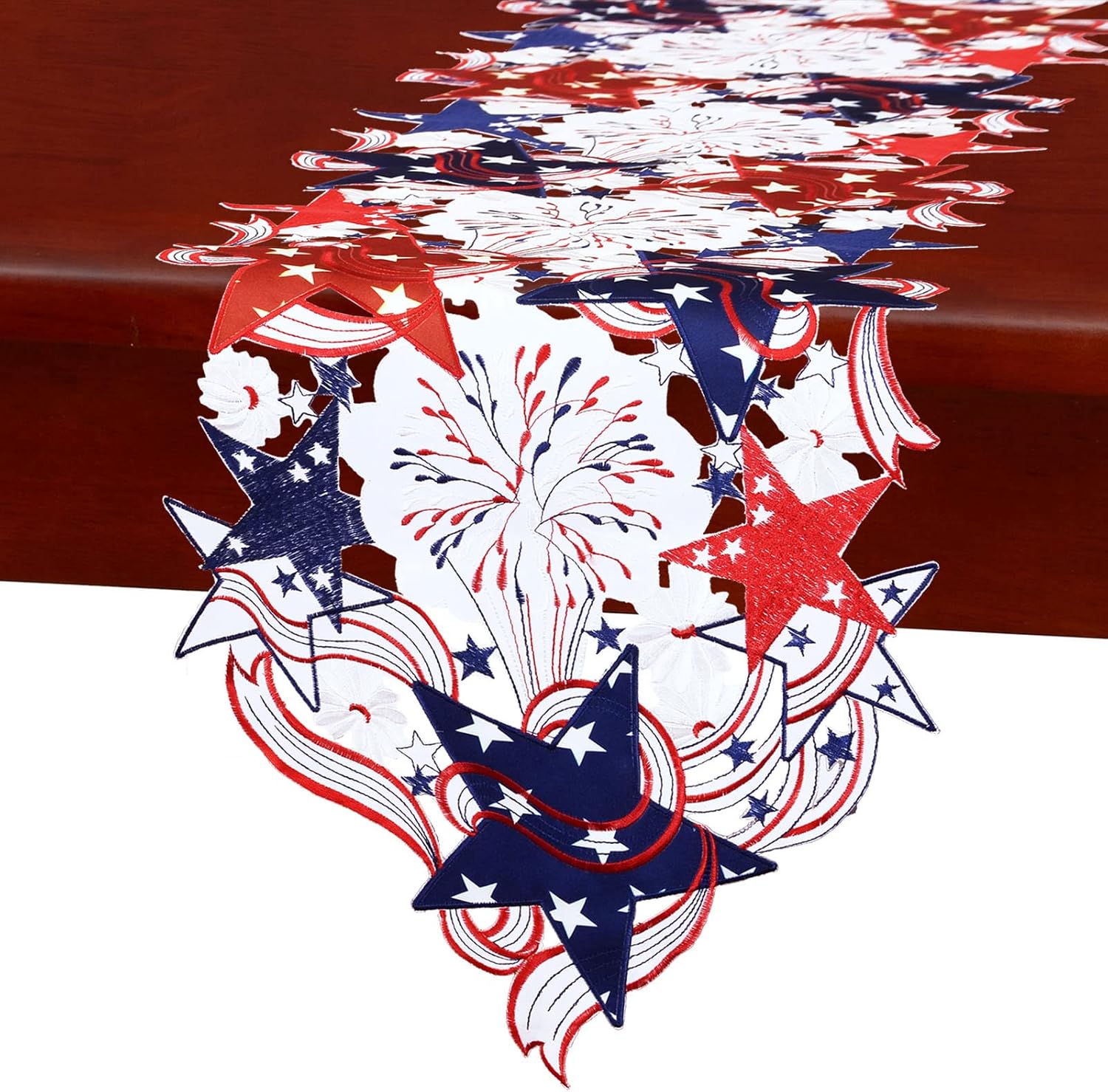 Simhomsen Embroidered July 4th Patriotic Table Runner, 14 x 89 inches, Firework Pattern, Red, White and Blue