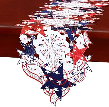 Embroidered July 4th Patriotic Table Runner, 14 x 89 inches, Firework Pattern, Red, White and Blue