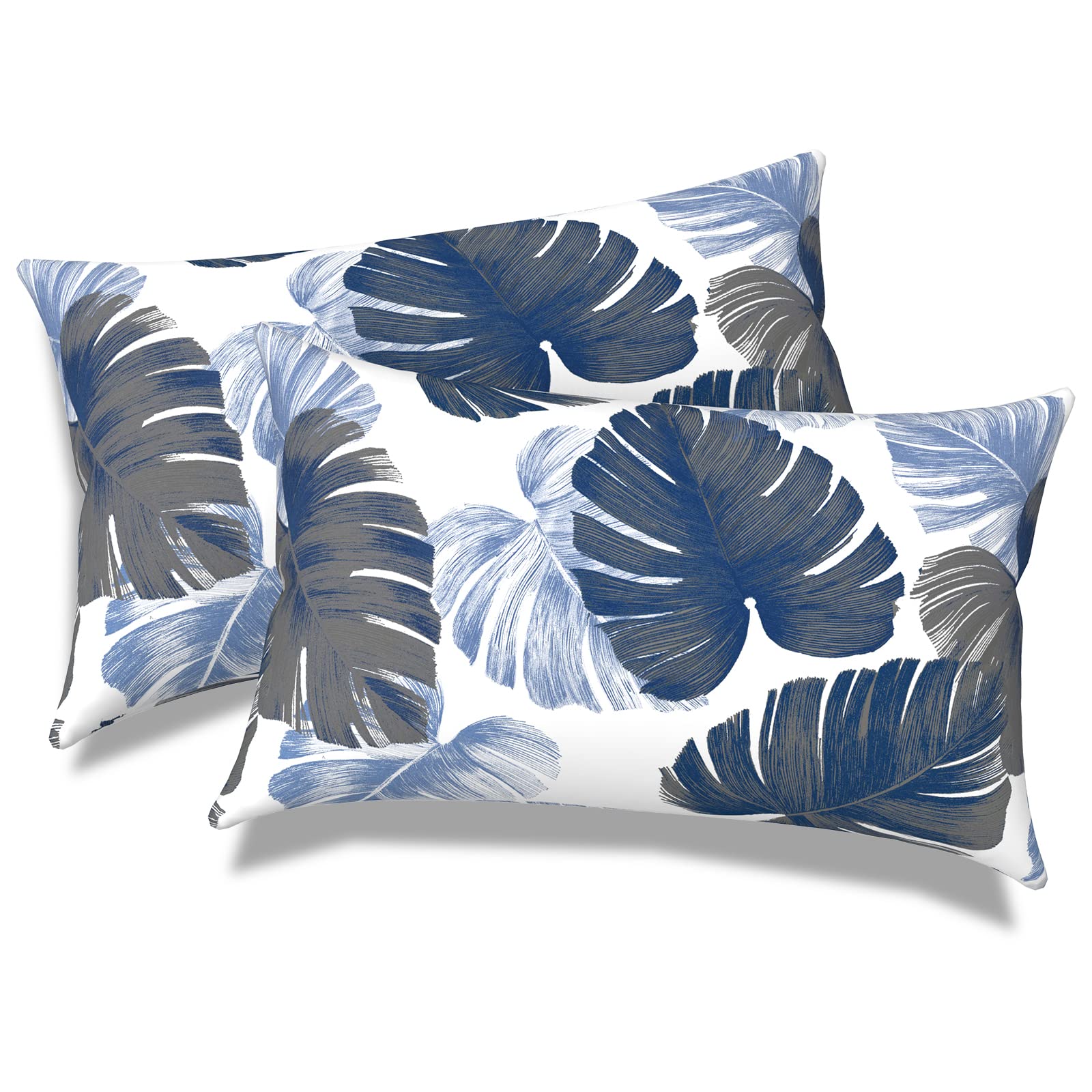 Melody Elephant Outdoor/Indoor Lumbar Pillows, Water Repellent Cushion Pillows, 12x20 Inch, Outdoor Pillows with Inserts for Home Garden, Pack of 2, Monstera Blue