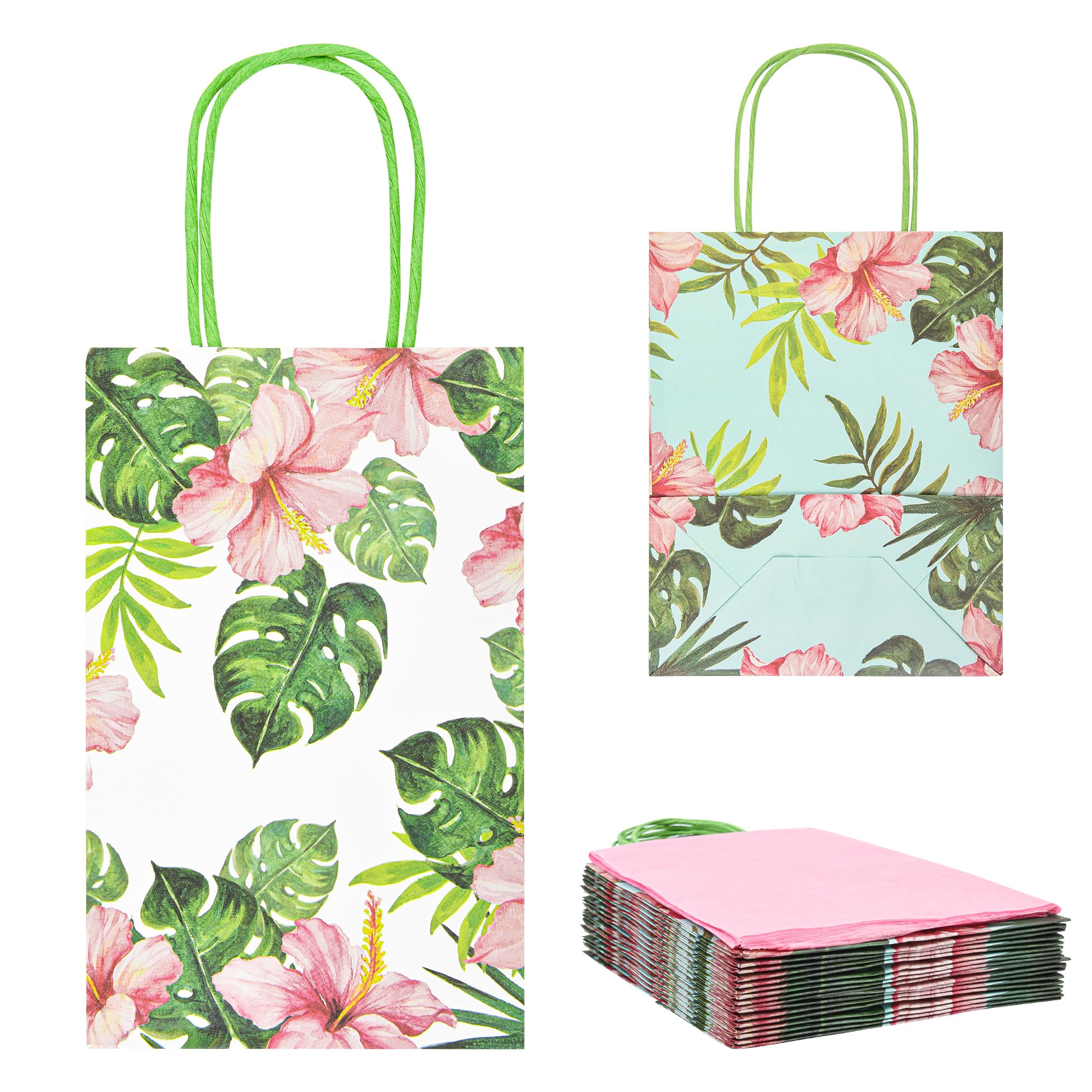 36 Pack Small Hawaiian Tropical Party Favor Gift Bags with Handles 9x5.5x3.15 Inch and 36 Pink Tissue Paper for Luau Parties, Birthdays, Weddings, Baby Showers, Bridal Showers (2 Designs Assorted)