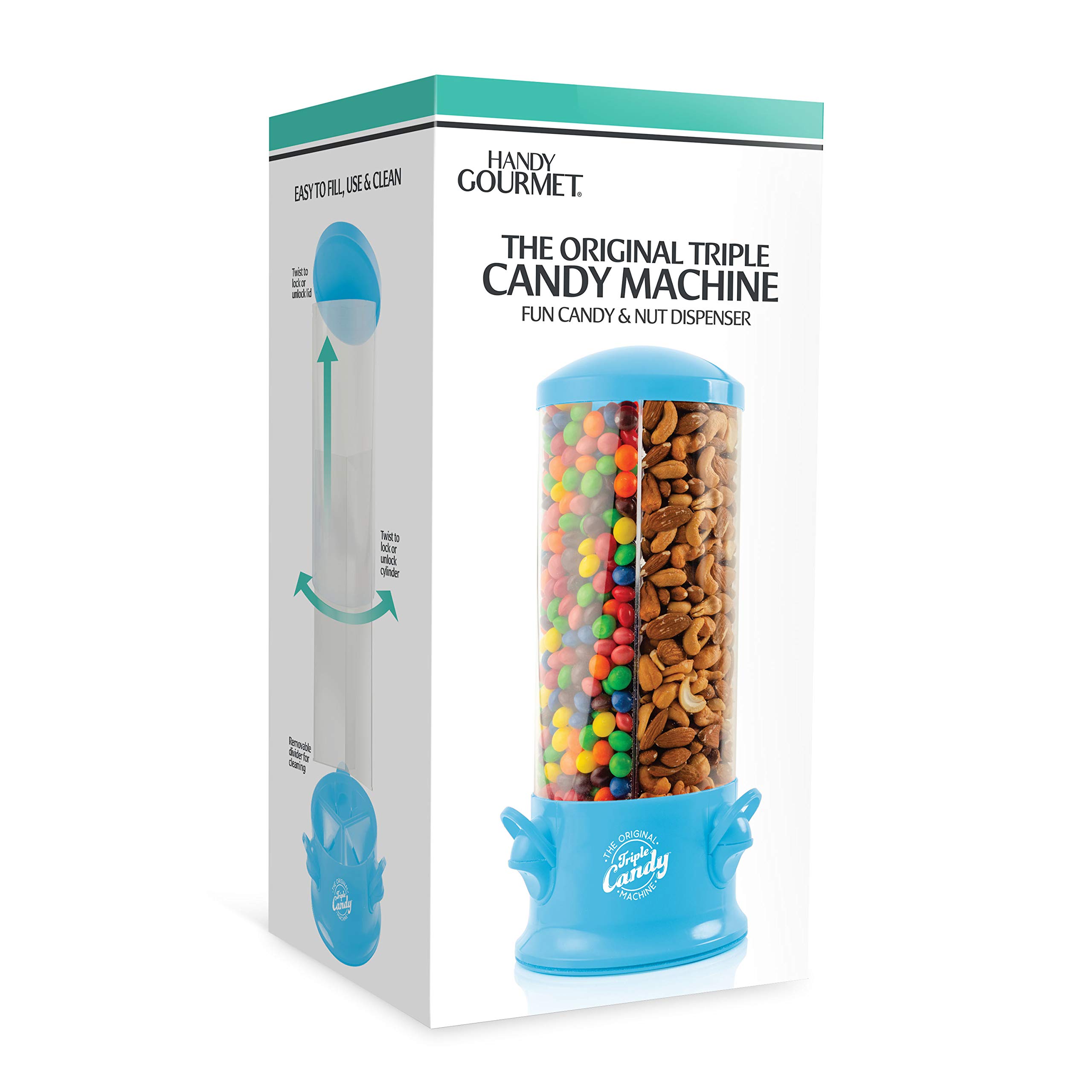 Handy Gourmet The Original Triple Candy Machine - Fun Candy & Nut Dispenser - New & Improved (Blue) - 360 Degree Selection