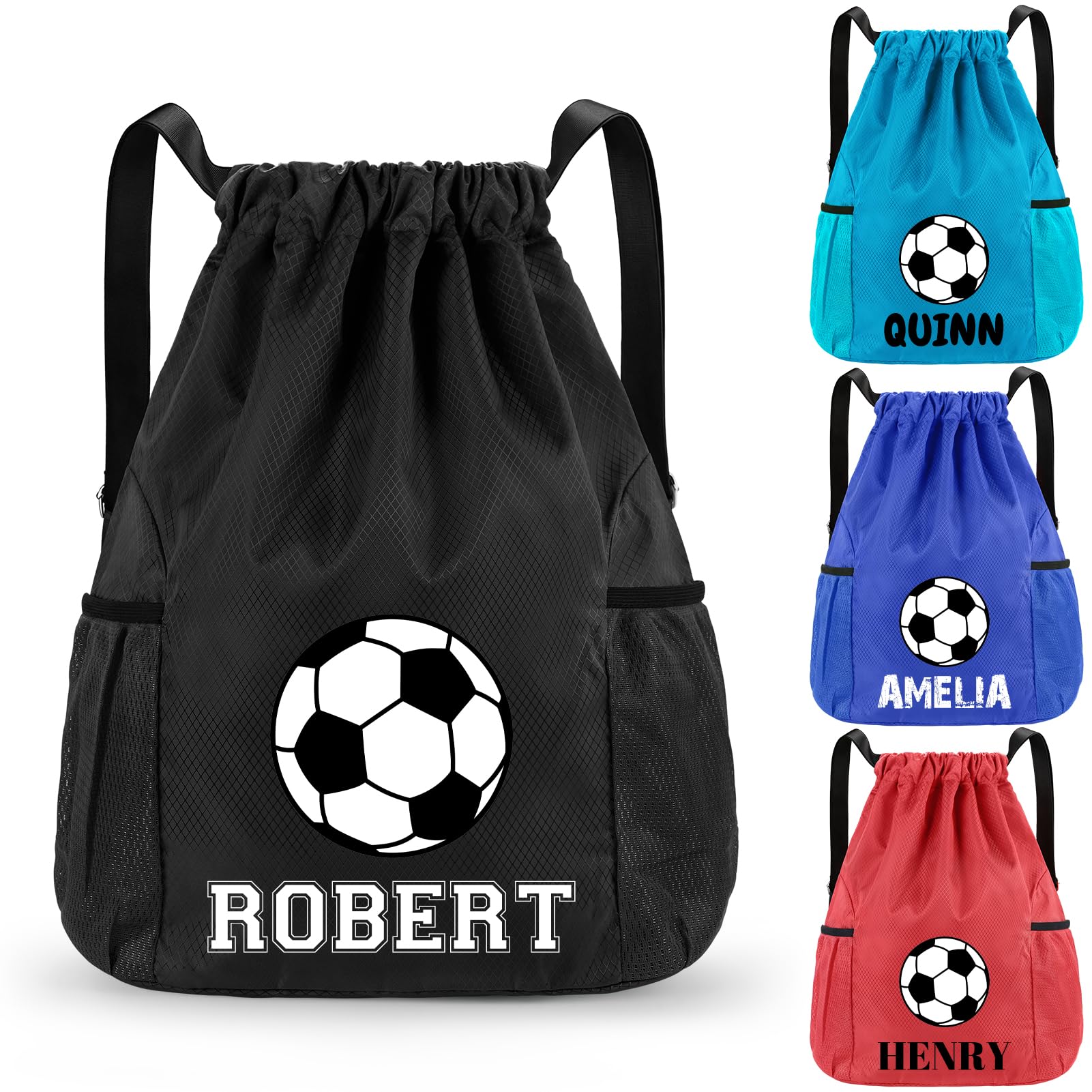 Fyore Personalised Drawstring Bag with Monogrammed Soccer and Name - Bulk Custom Oxford Fabric Drawstring Backpack for PE Kits Gym Sports School Swimming Drawstring Sack 30x12x41cm
