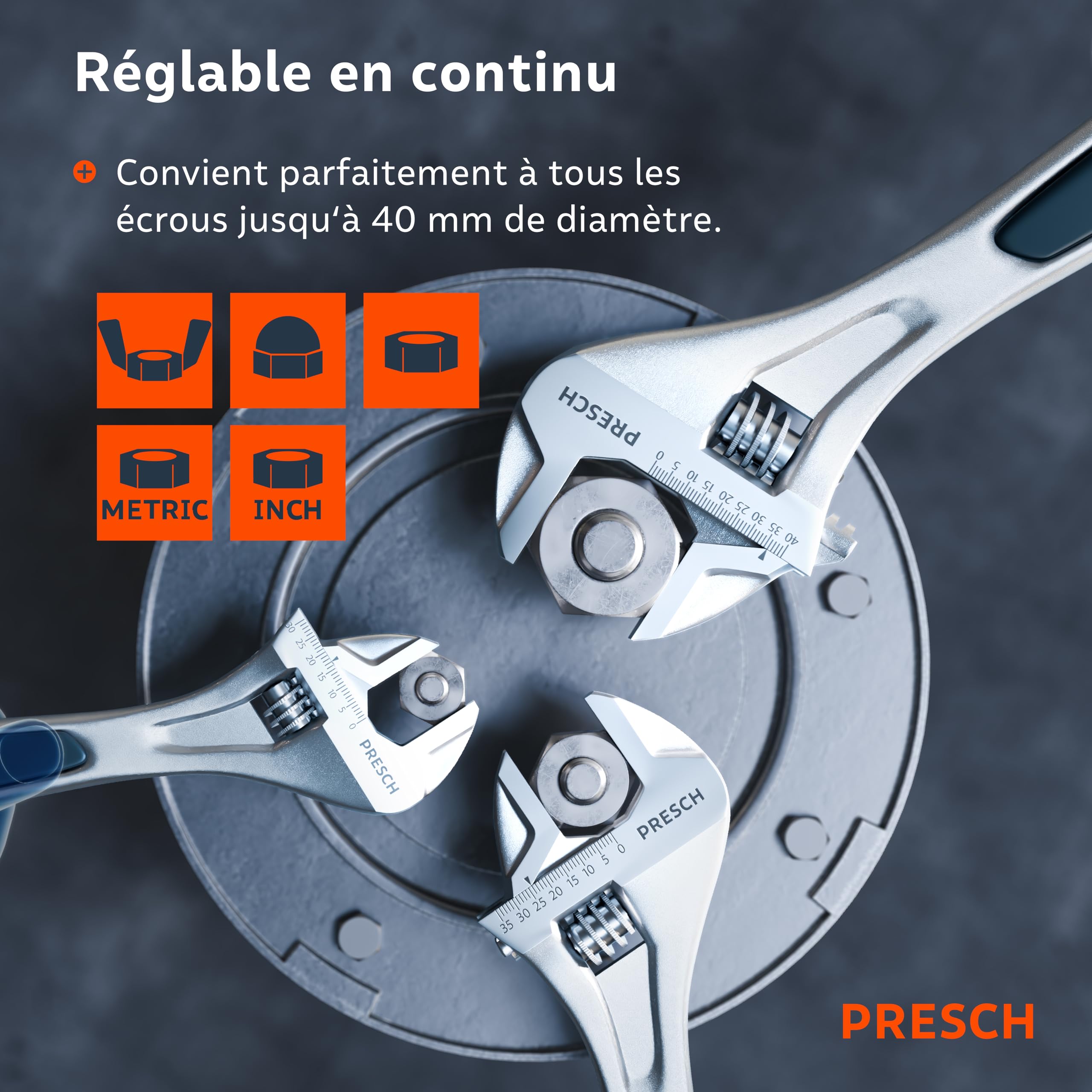 PRESCH Set de clés à molette - 200mm, 250mm & 300mm - Échelles gravées au laser 30mm-40mm (métrique et pouces) - Usinage de précision pour une prise optimale - Clés anglaise robuste