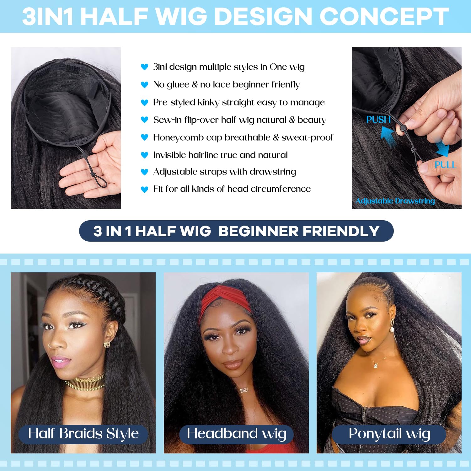 3 in 1 Half Wig Kinky Straight Glueless Human Hair Seamless Clip In 18 Inch Amazon.com : 3 in 1 Half Wig Kinky Straight synthetic for  main image 2