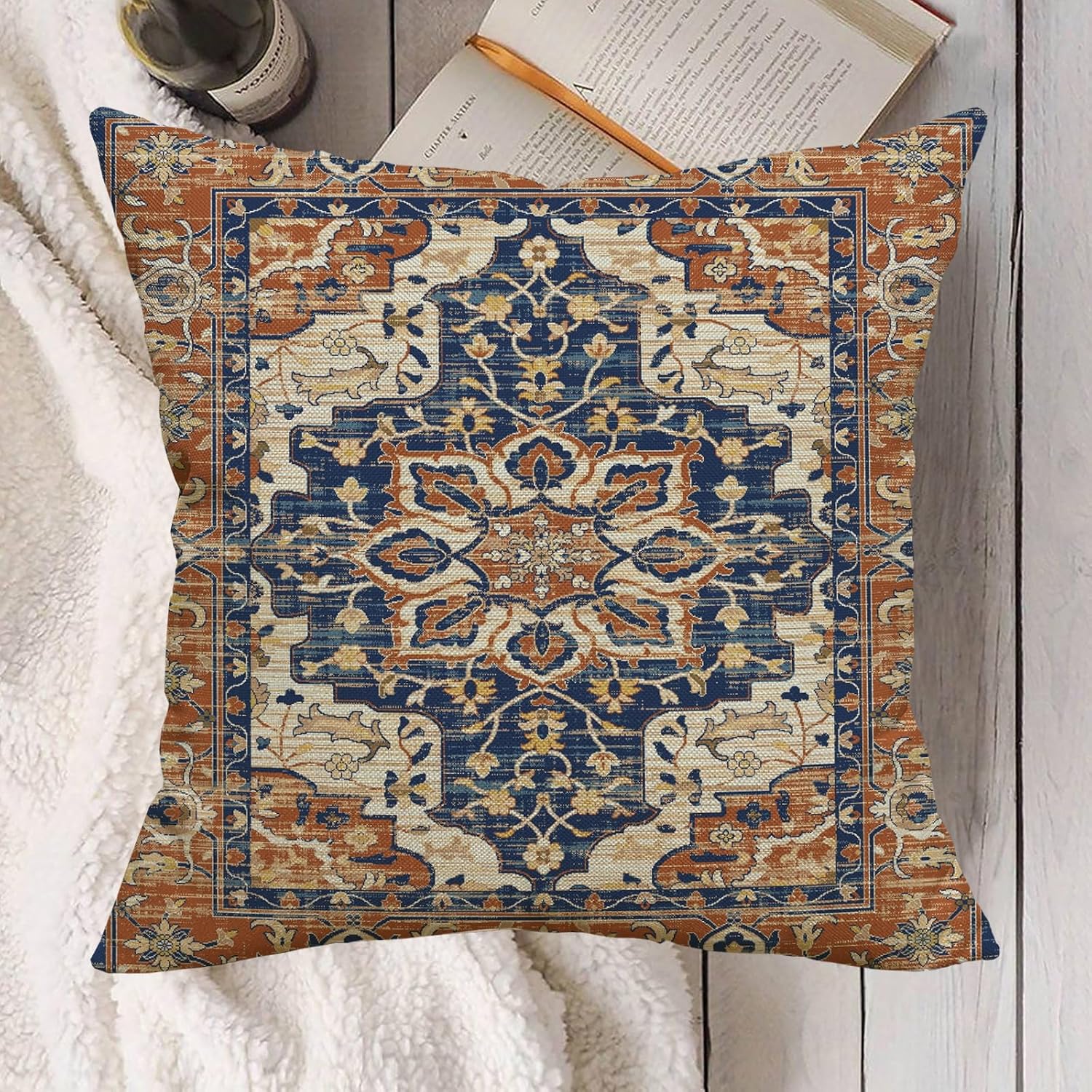 Boho Throw Pillow Covers 18x18 Set of 2,Blue Orange Boho Ethnic Outdoor Pillows Cover Fall Autumn Vintage Western Country Bohemian Decorative Pillow Cases for Couch Bed Living Room Decor - Image 4
