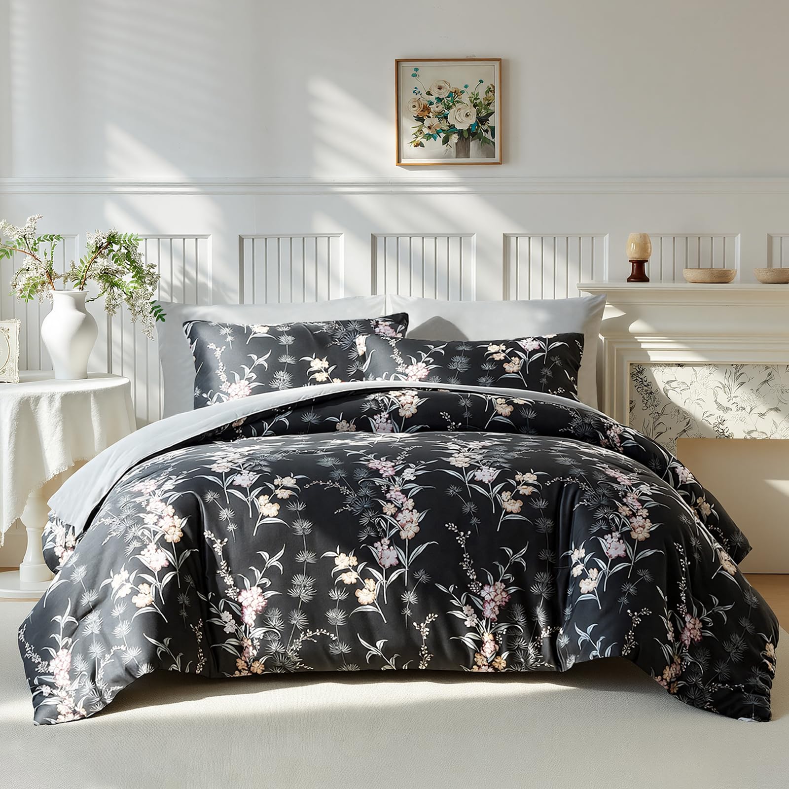 Wajade Floral King Duvet Set with 2 Pillowcases Coverless Duvet with Grey Flower Pattern Washable Reversible All Seasons Lightweight Warm - 220 x 240cm