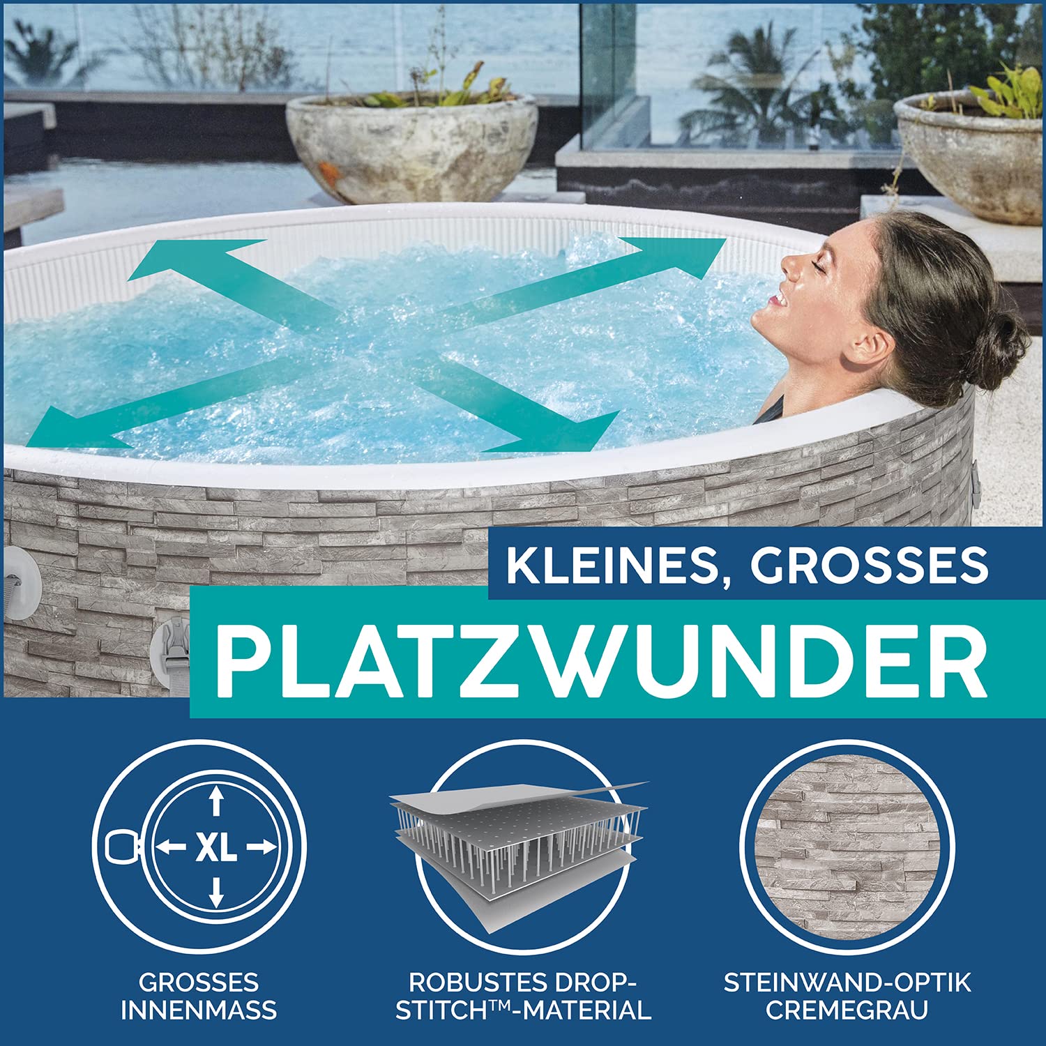 Bestway® Lay-Z-SPA® Vancouver AirJet Plus™ WiFi Whirlpool, 155 x 60 cm, mit App-Steuerung, 3-5 Personen, rund, Stein-Optik | mit App-Steuerung, 3-5 Personen, rund, Stein-Optik