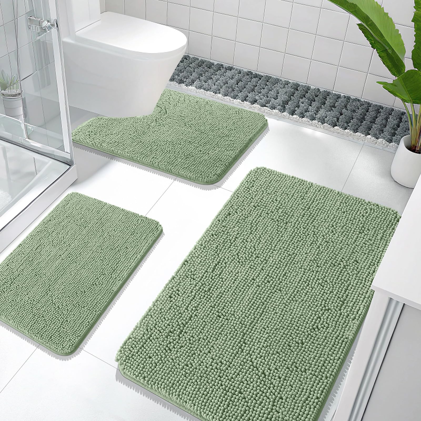 OLANLY Bathroom Rugs Sets 3 Piece, Soft Absorbent Chenille Bath Mats and U-Shaped Contour Toilet Rug, Quick Dry, Home Decor Accessories, Bath Mat Set