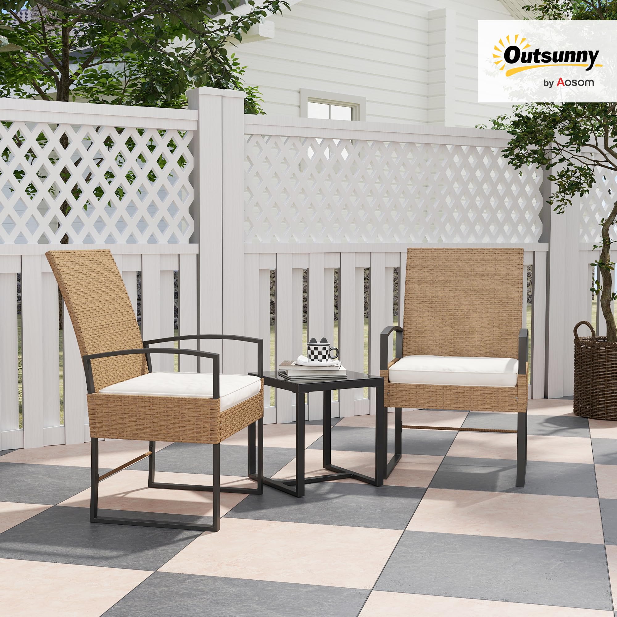 Outsunny Conjunto de Jardín Exterior de 3 Piezas con Respaldo Ajustable Juego de 2 Sillas y Mesa de Ratán con Cojines Acolchados y Encimera de Vidrio Templado para Balcón Terraza Beige y Blanco