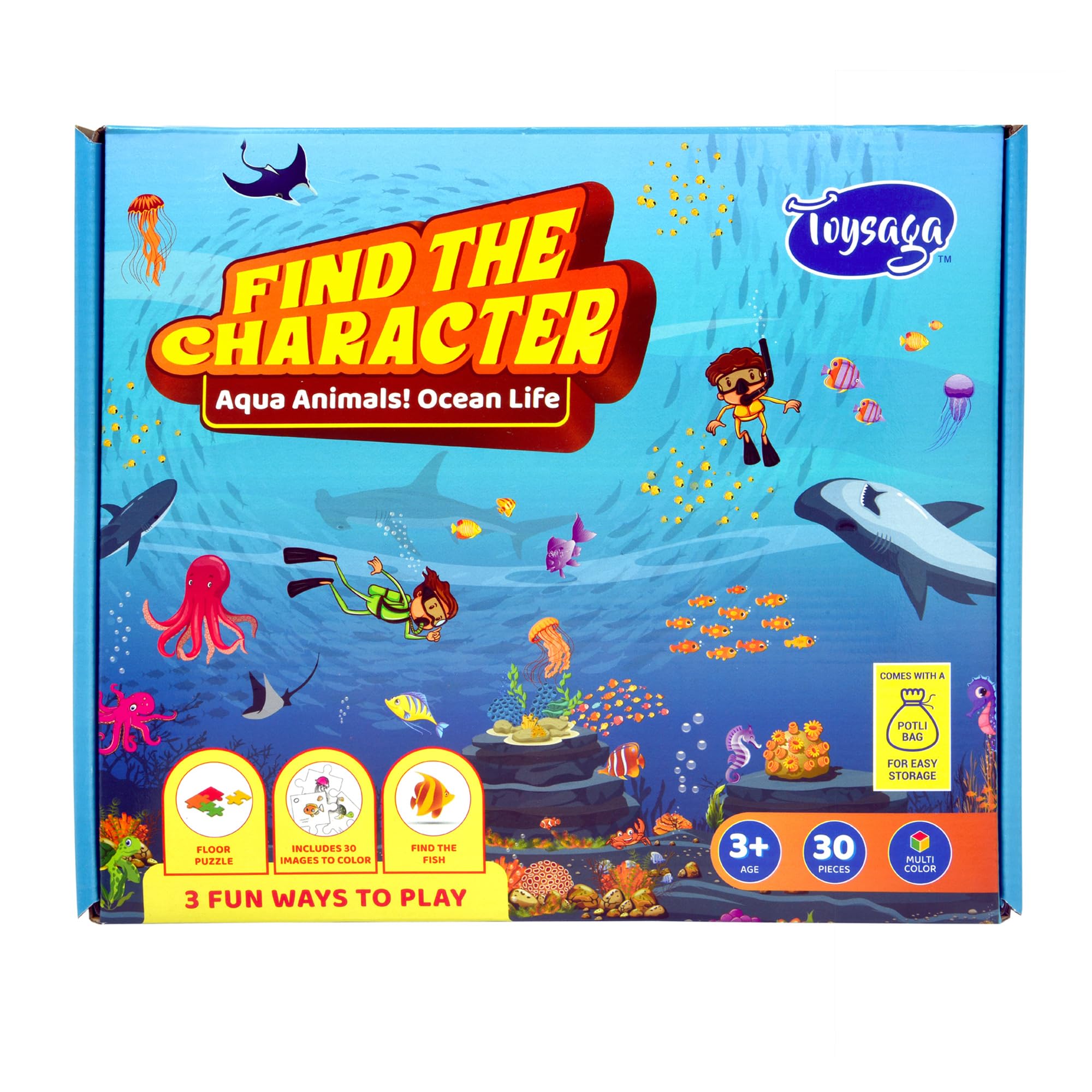 Toysaga 30 Pieces Floor Jigsaw Puzzle for Kids 3+ Years | Find The Fish & Coloring DIY Activity | Find The Character—Aqua Animals! Ocean Life | Educational Puzzle For Kids | Sea Animals Jigsaw Puzzles