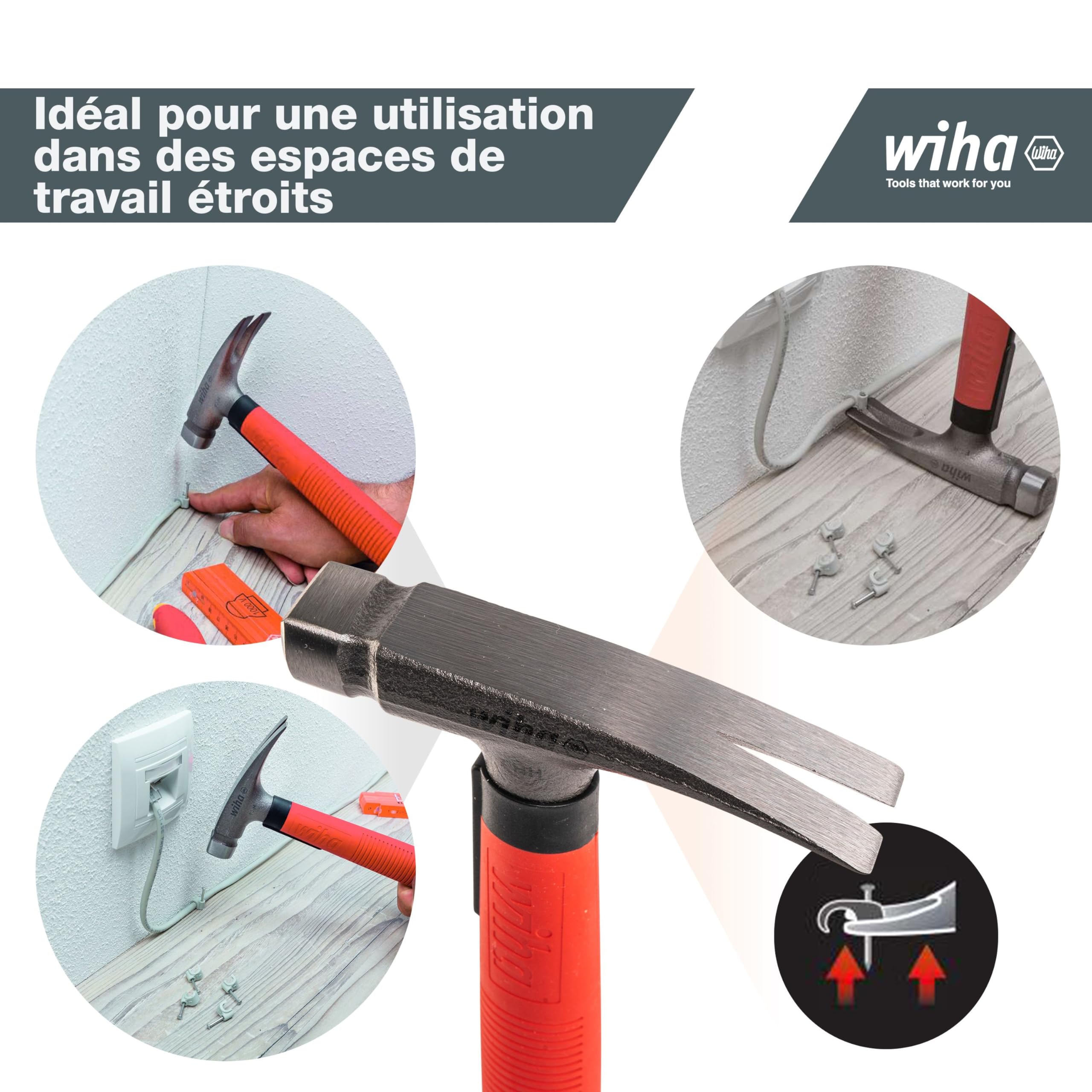 Wiha Marteau d'électricien (42071) Outil d'électricien, fond plat du manche du marteau pour placer les câbles et les chevilles | (42071) Tool for electricians I flat handle end for positioning cables and wall plugs I ergonomic grip