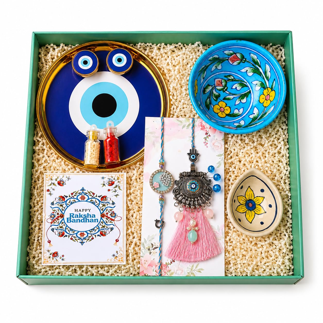 Bhaiya Bhabhi Pink Blue Round Evil Eye Rakhi & Lumba Ritual Gift Hamper Box with Diya & Bowl-image-26