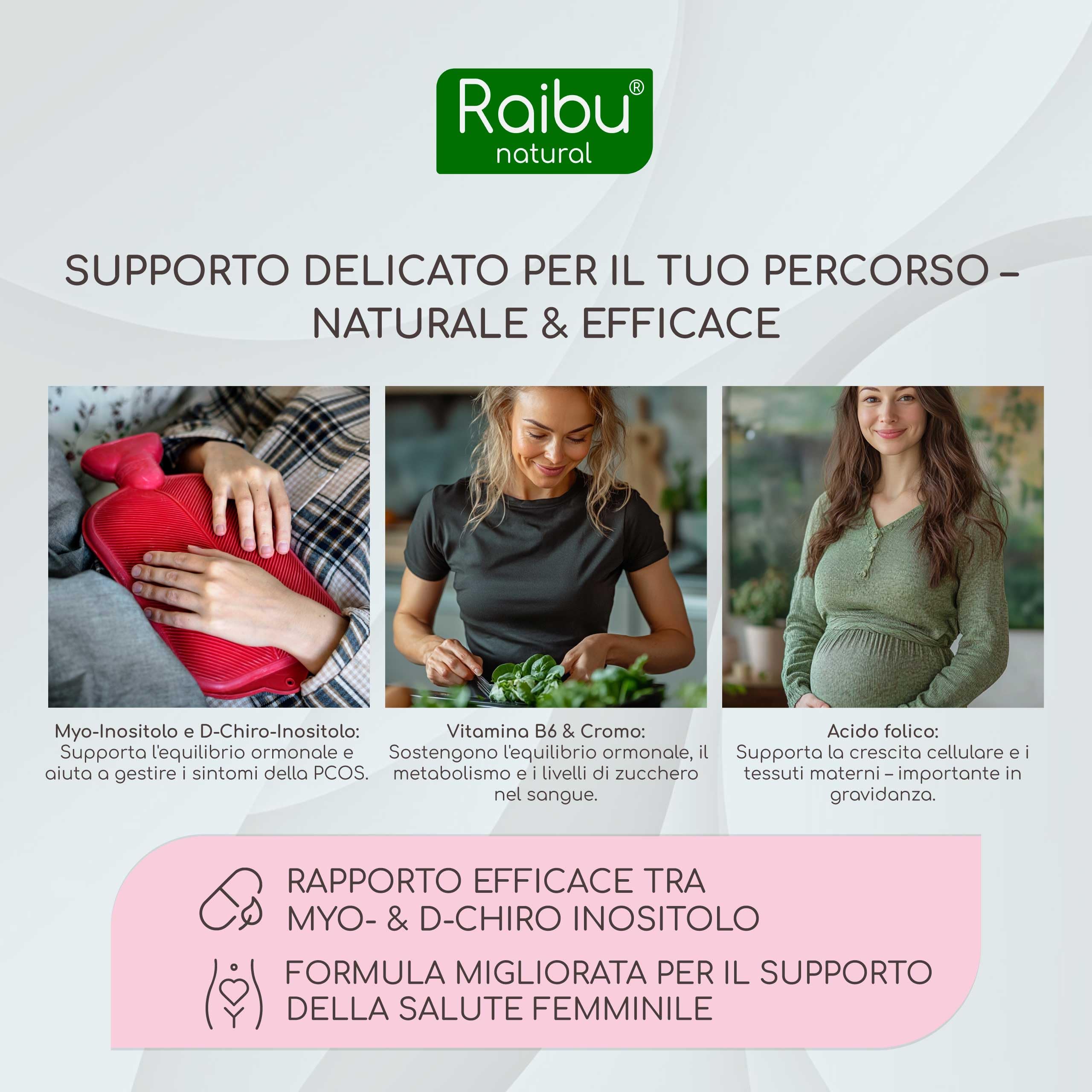 Inositolo Integratore, Myo & D Chiro Inositolo - PCOS e Ovaio Policistico - 150 Capsule Vegane con Acido Folico, Vitamina B6 e Cromo - Dose Elevata, Combinazione Efficace - Raibu