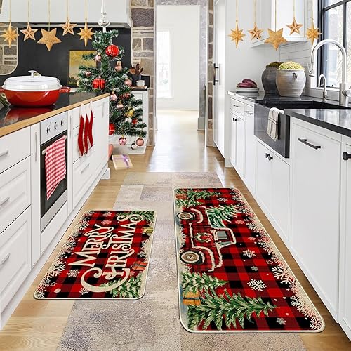 Miniatura 7 de Tapetes de cocina navideños para piso, diseño de camión de granja, diseño de búfalo rojo, decoración de cocina navideña, juego de 2 alfombras de