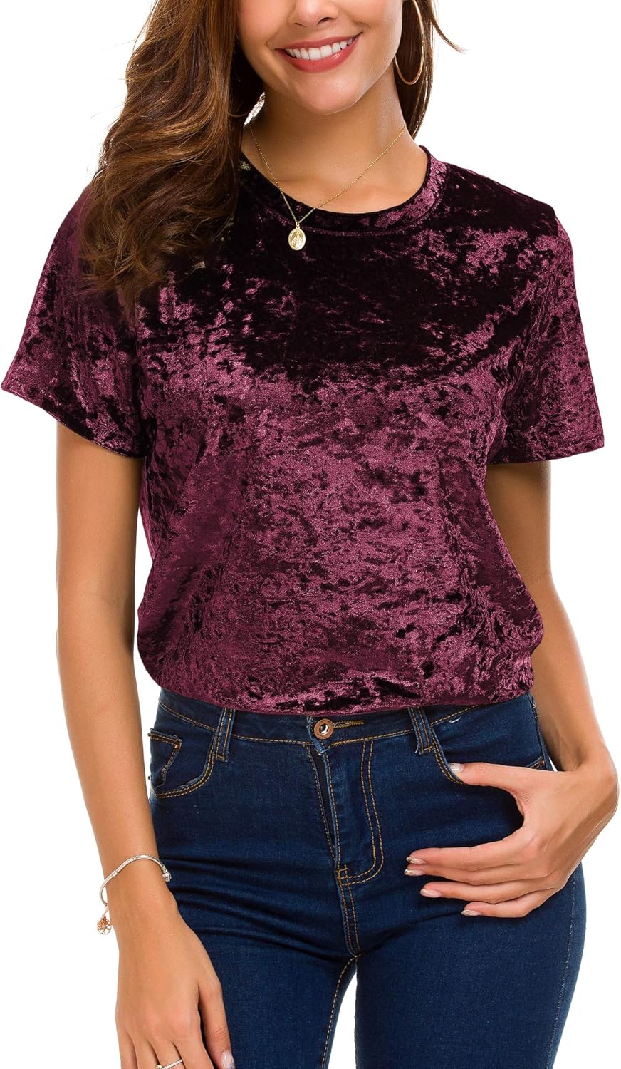 Women's Crew Neck Velvet Top Short Sleeve T-Shirt