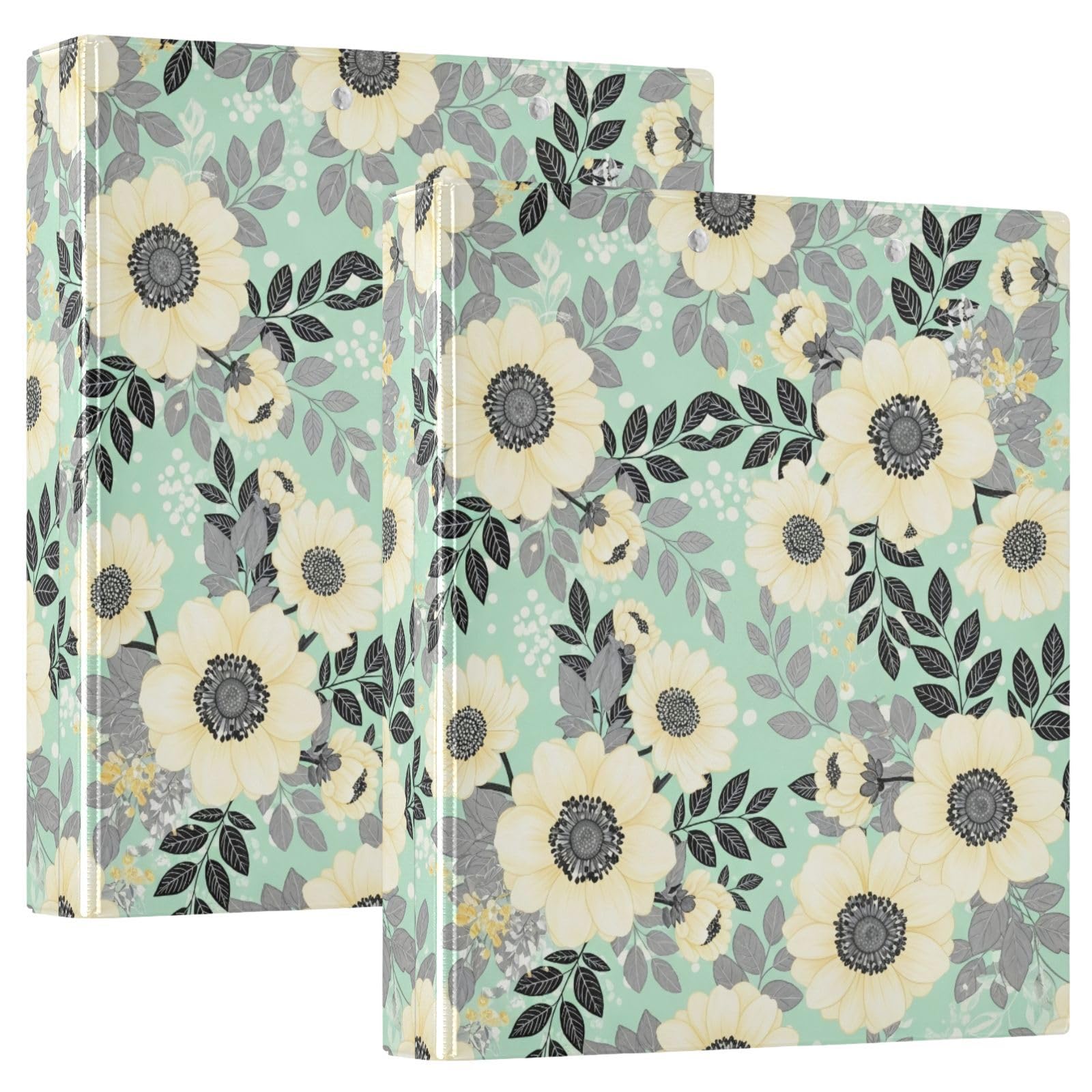 Carpeta de 3 anillos, carpeta de anillos en D con flores amarillas crema, paquete de 2 | Con portapapeles y bolsillos, para escuela, universidad, oficina