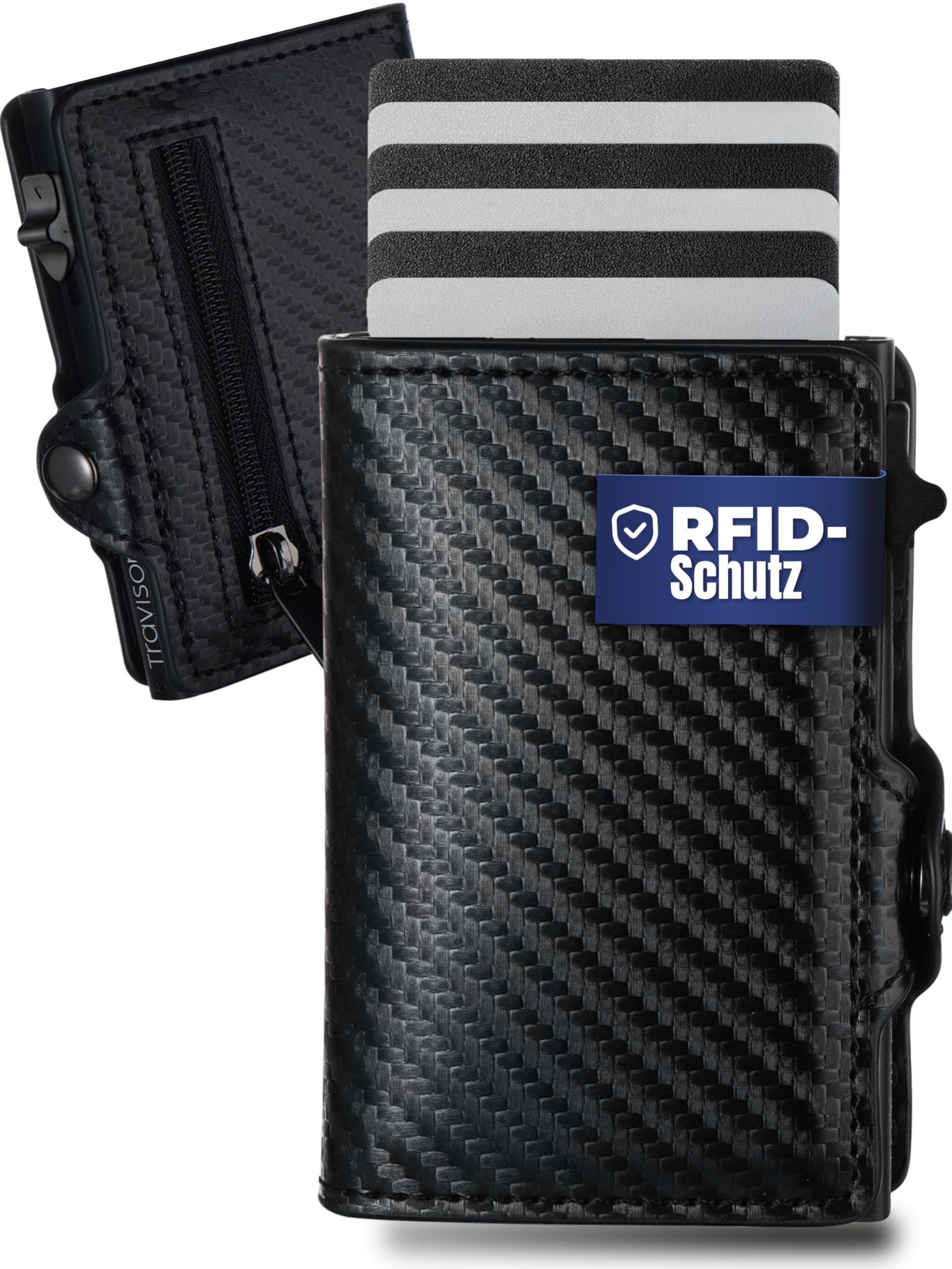 Travison® SMART Wallet mit Münzfach und Geldscheinfach - Kartenetui mit Münzfach und Schnellzugriff - RFID-Schutz - Herren Geldbörse klein - Kreditkartenetui - Geldbörse mini (Carbon)