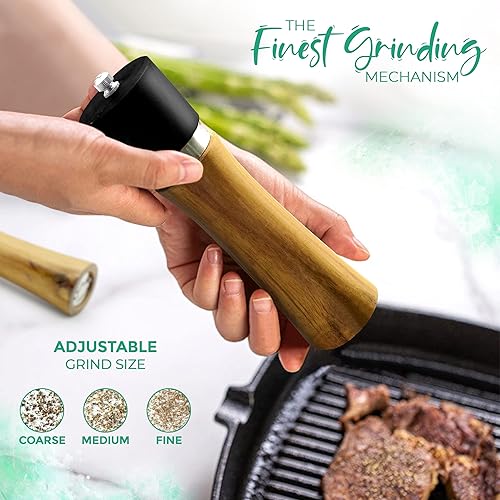 Miniatura 5 de Juego de molinillo de sal y pimienta de madera con soporte hecho de madera de acacia de primera calidad, recargable, respetuoso con el medio