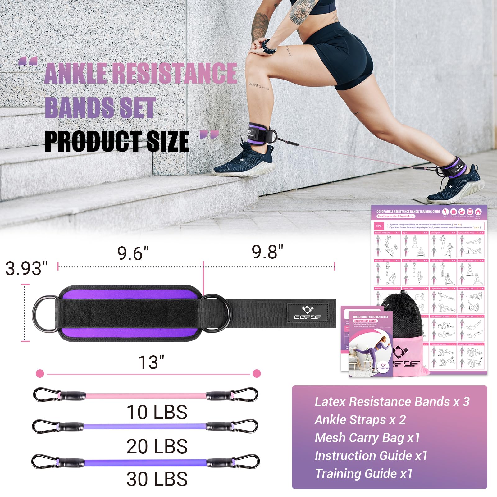 Ankle Resistance Bands With Cuffs for Working Out, Kickbacks, Hip, Leg and Glute Exercise - Training Poster Included - for Women