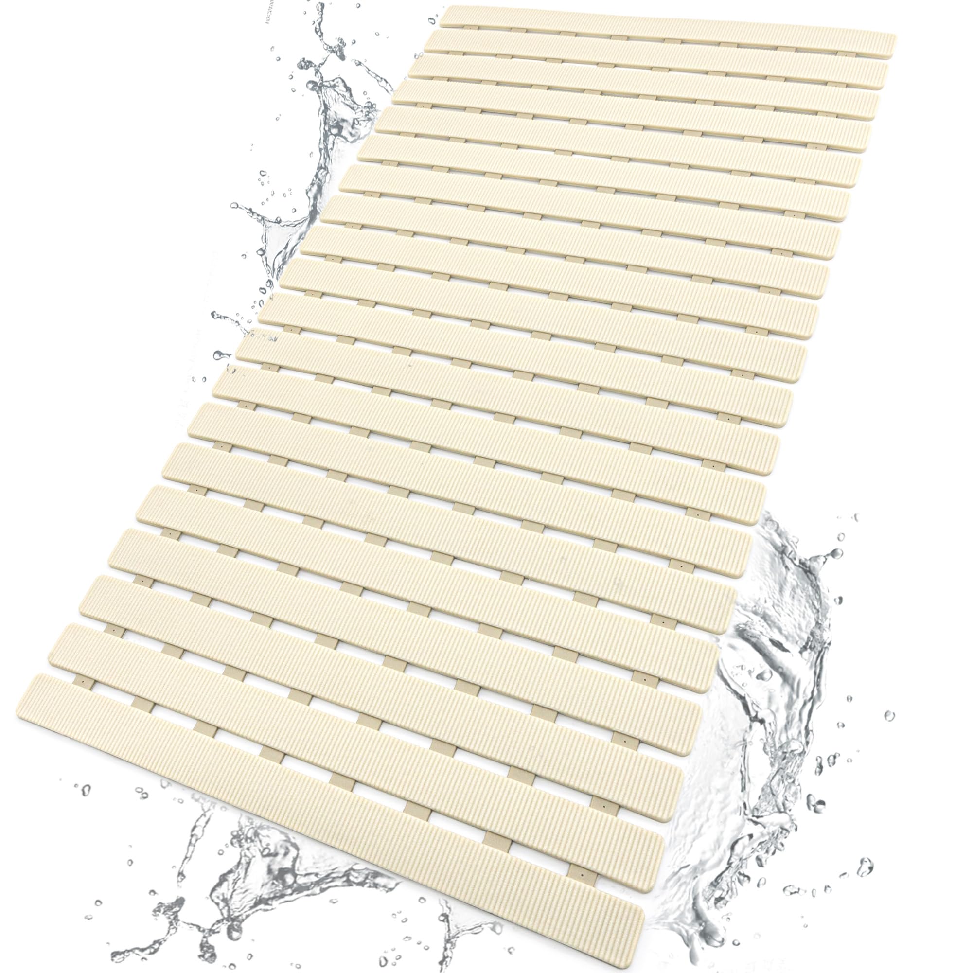 BEMISO Shower Mat Non Slip Bathtub Mat with Suction Cups and Drain Holes 27.5 x15.7 Inch Bath Mat for Tub & Shower.Easy Dry,Easy to Cut,Eco-Friendly (Beige, 27.5 X 15.7 Inch)