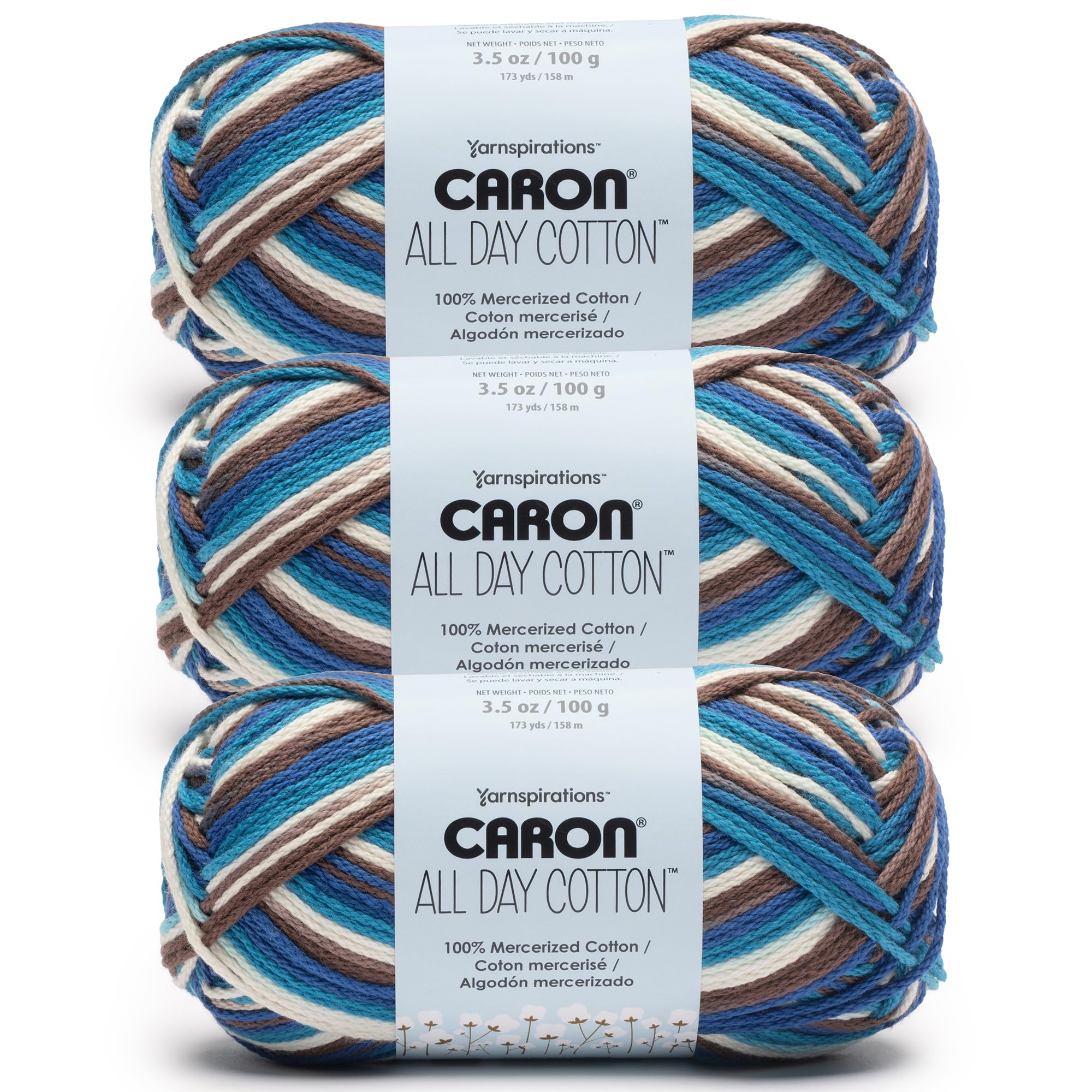 Caron All Day Cotton Prints Yarn for Crocheting, Lazy River, 3-Pack