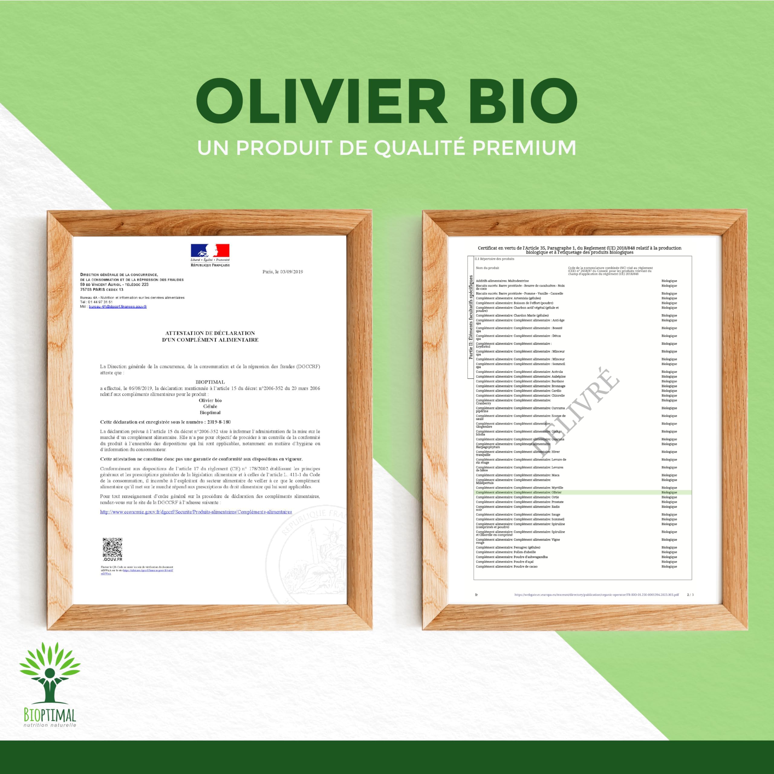 Olivier bio - Bioptimal - Complément alimentaire - Circulation Sanguine Tension Cardio - Feuille d'olivier en Poudre - 700mg par jour - Fabriqué en France - Certifié par Ecocert - 200 gélules