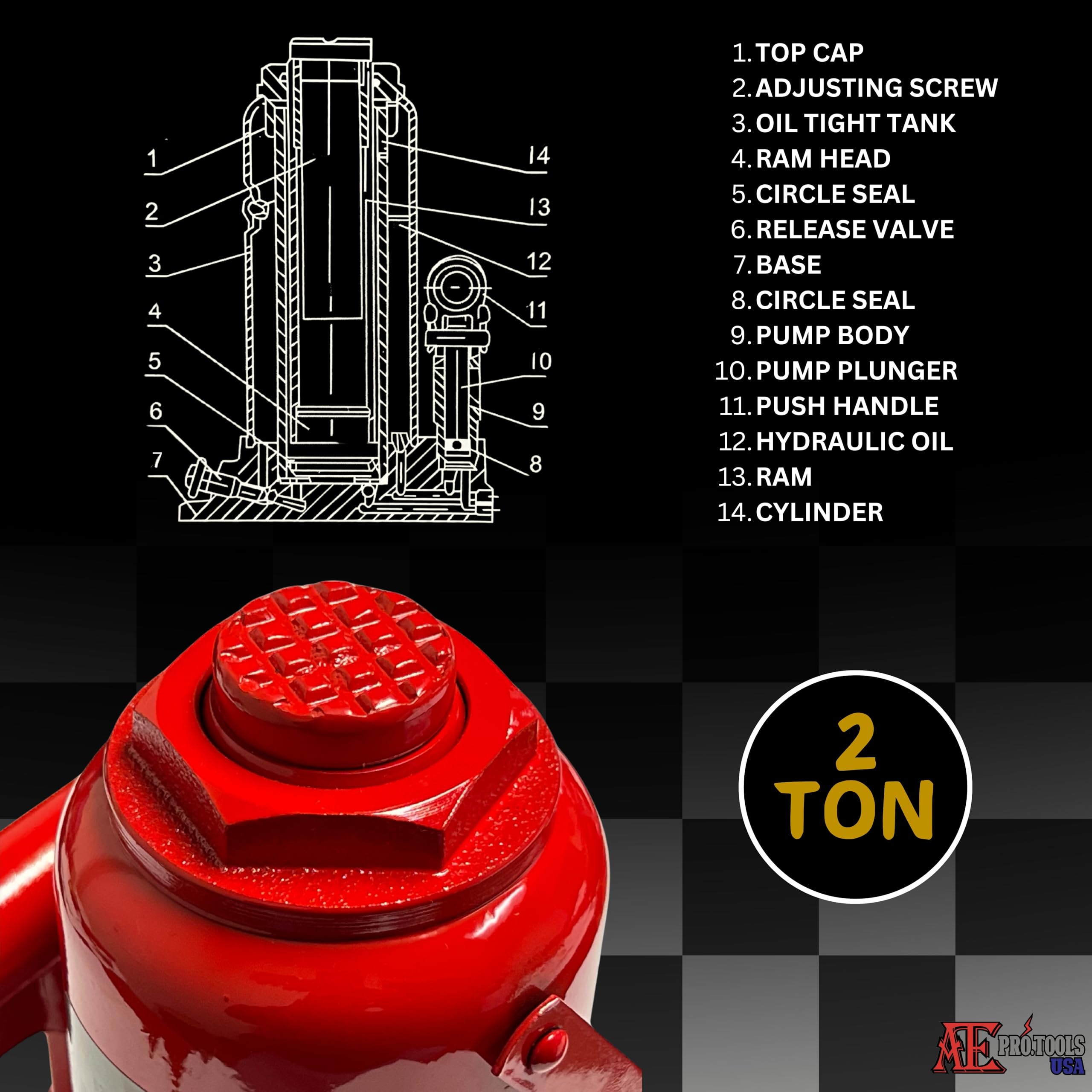 ATE Pro. USA - Hydraulic Bottle Jack, 2 Ton (4,000 lb) Capacity, Red Bottle Jack