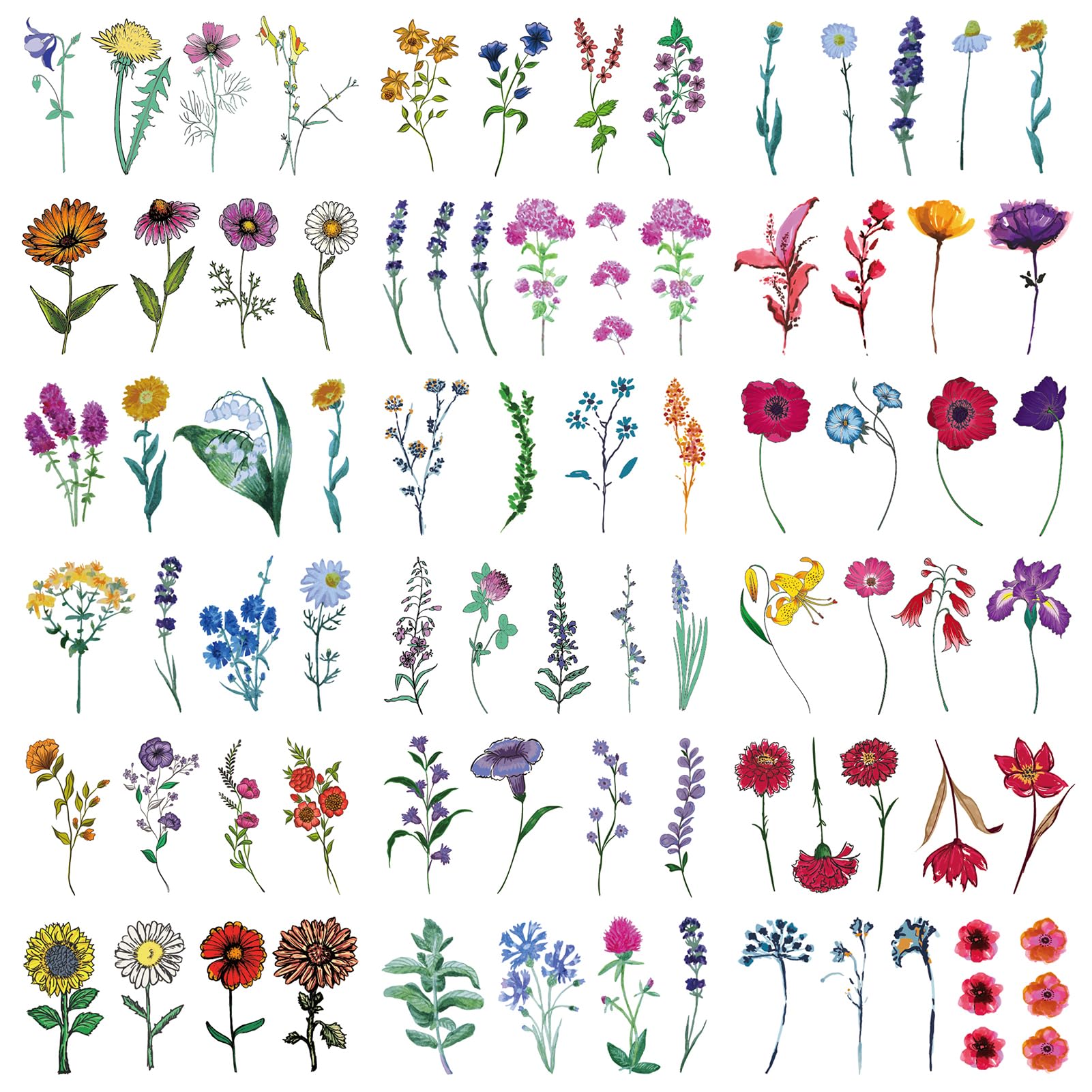 Watercolor Flower Fake Tattoos for Women, Wild Plant Temporary Tattoos