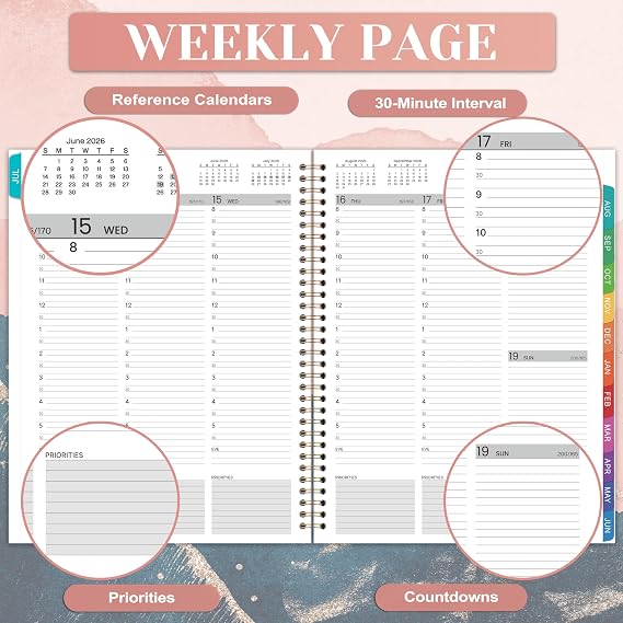 دفتر المواعيد 2026-2027 - دفتر المواعيد من يوليو. 2026 - يونيو 2027، 2026-2027 مخطط المواعيد بزيادات مدتها 30 دقيقة، 9 x 11، ربط بسلك مزدوج + علامات تبويب ملونة + جيب