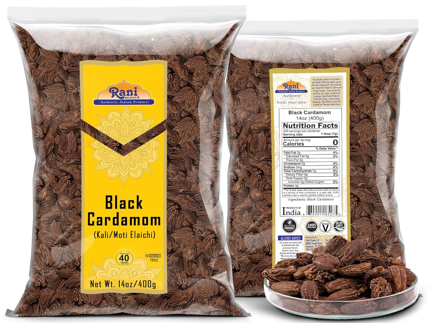 Rani Black Cardamom Pods (Kali Elachi) Whole Indian Spice 14oz (400g) ~ All Natural | Vegan | Gluten Friendly | NON-GMO | Kosher | Indian Origin | Smokey, Tsaoko, Cao Guo, Bach Dan Khau, Badi