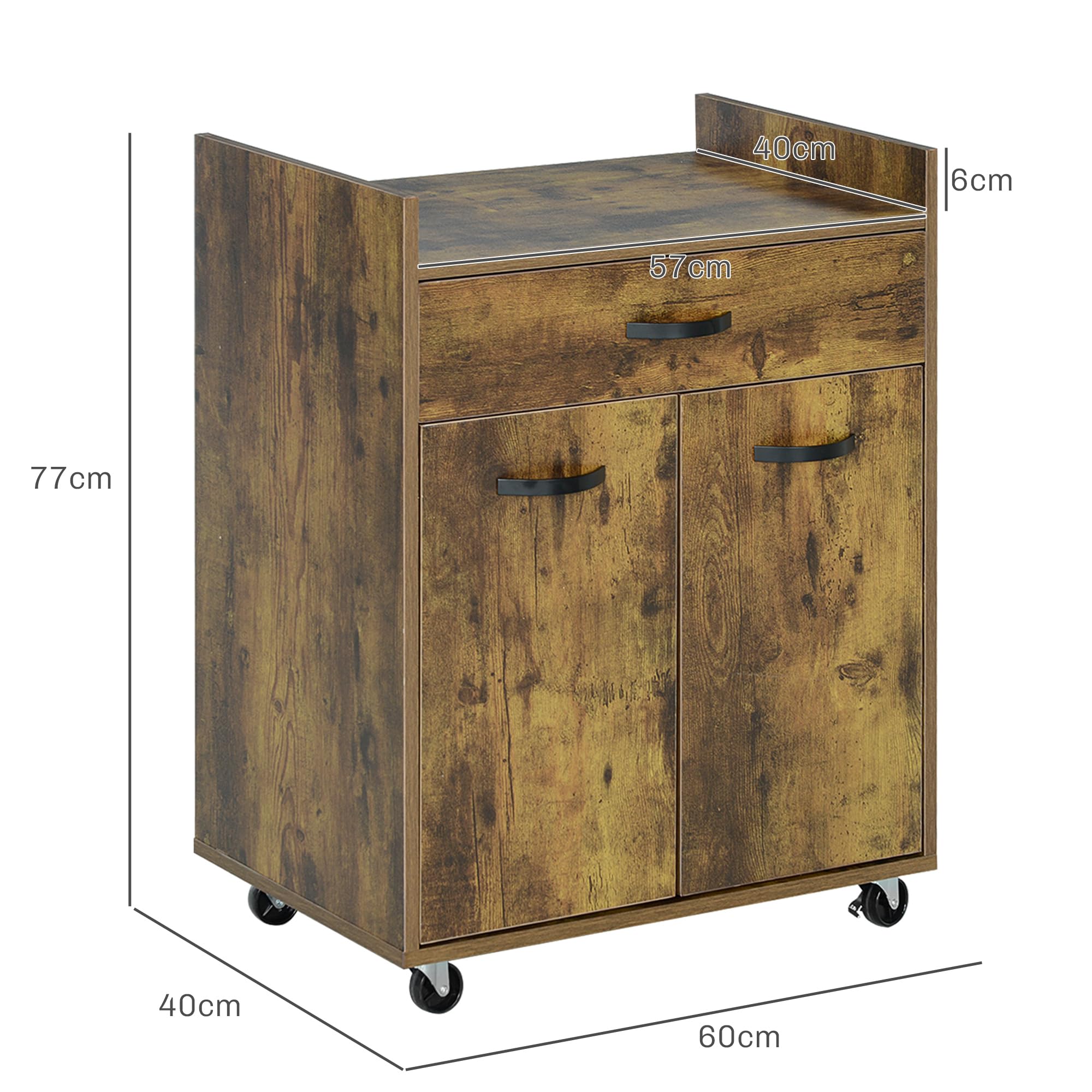 HOMCOM Carrello da Cucina Portavivande per Microonde con Cassetto e Armadietto, Isola per Cucina in Legno con 4 Ruote e Ripiano Regolabile, 60x40x77 cm, Marrone Rustico