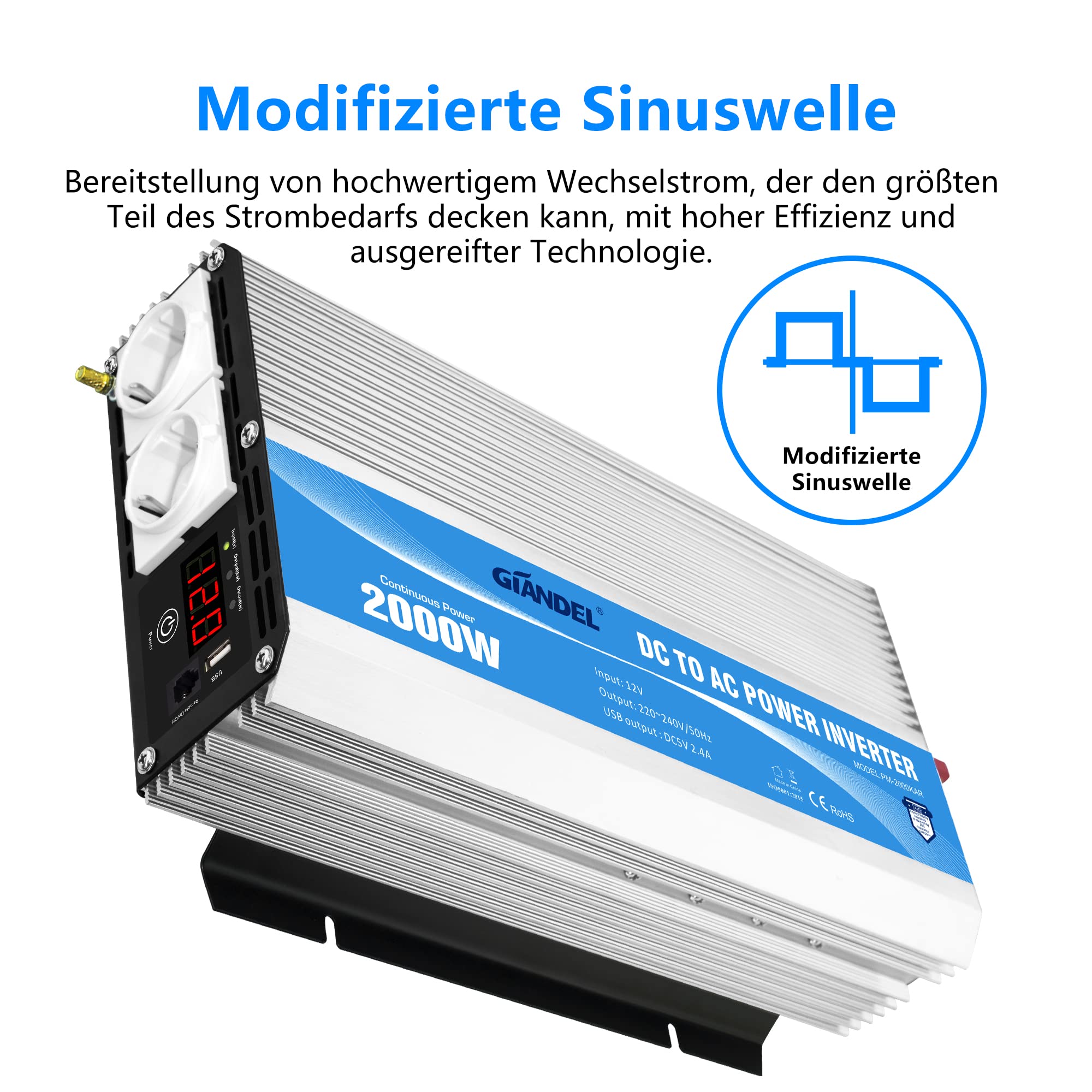 GIANDEL 2000W Modifizierter Welle Wechselrichter 12V auf 230V Spannungswandler Kompatibel Lithium-Batterie, mit Fernbedienung LED-Anzeige USB für Wohnmobil Umwandler-Inverter Konverter