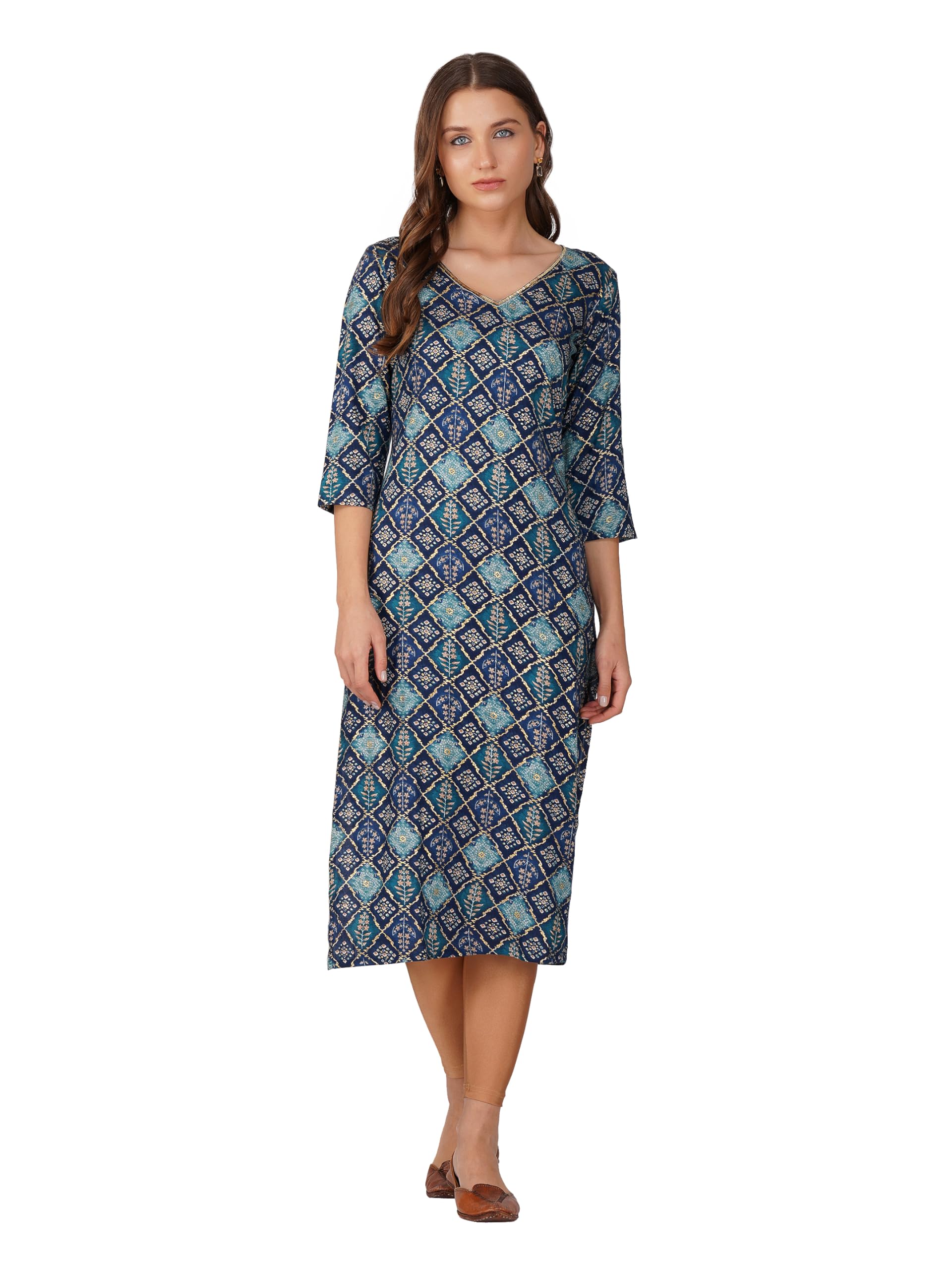 Rytras Women's Foil Printed Straight Kurta(Blue,Xl)