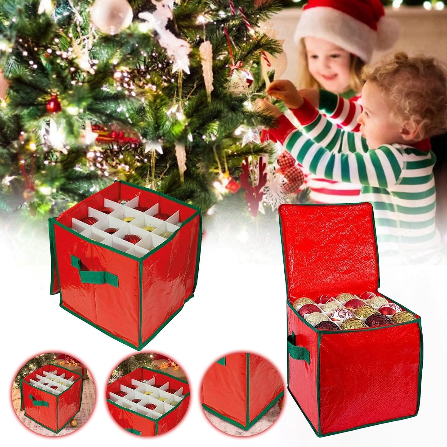 DIYCAM Christmas Ornament Storage Box Holiday Decoration Organizer, Christmas Ball Accessories Holder with Adjustable Dividers Zipper Closure