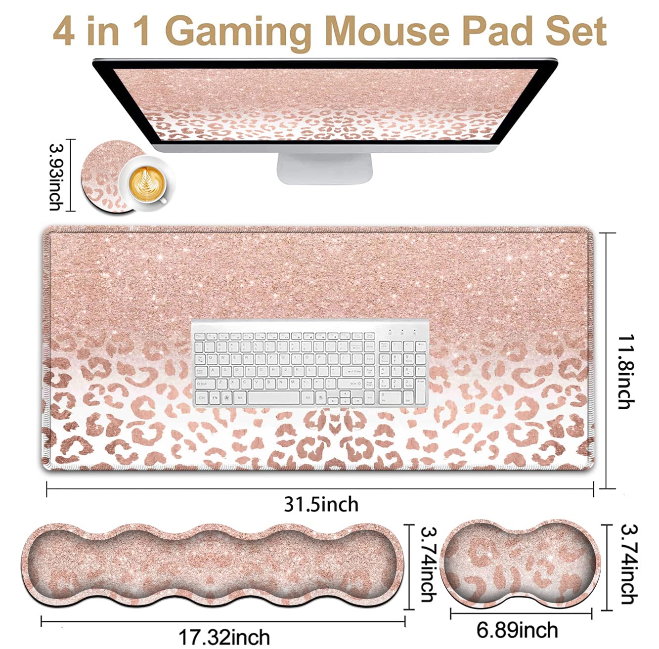 Großes Mauspad und Gel-Maus-Handgelenkauflage + Memory-Schaum-Tastatur-Handgelenkauflage-Set, rutschfeste Gummiunterseite für Büro, Zuhause, XXL-Leoparden-Sternmuster, rosa Schreibtischunterlage