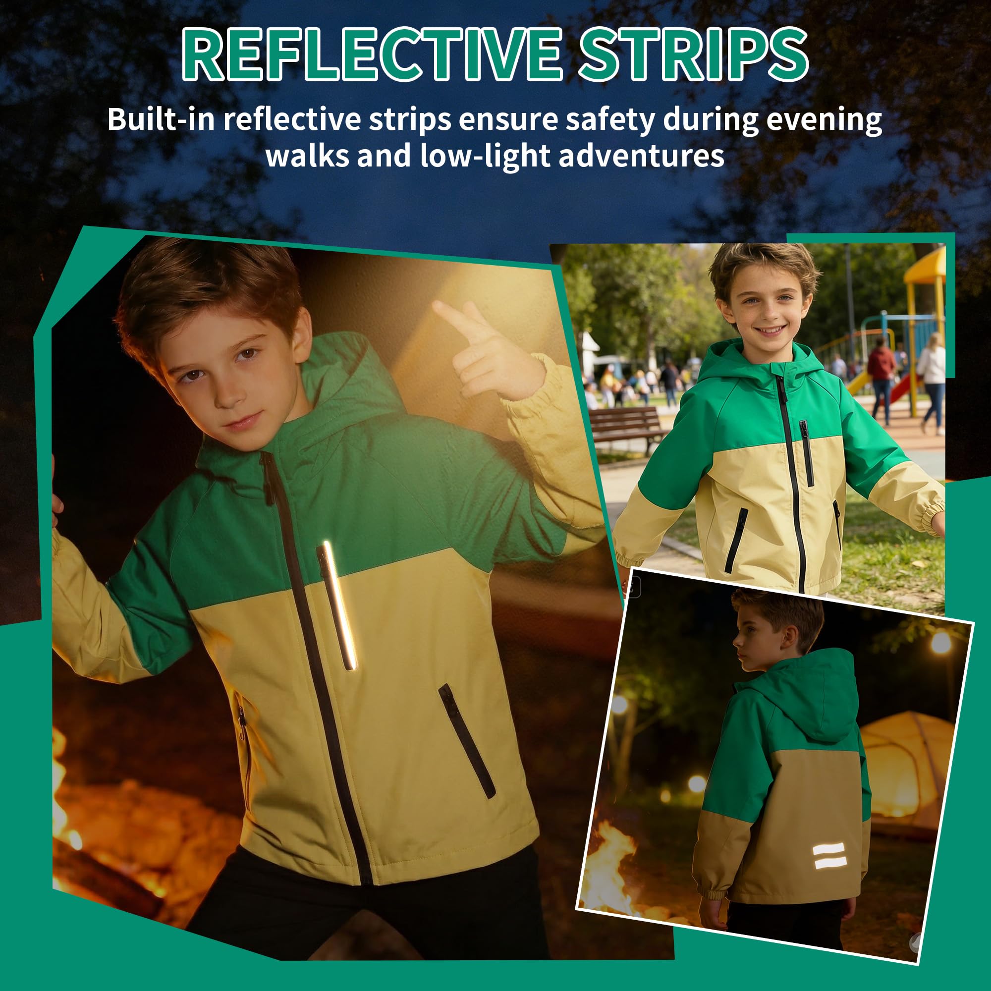 Chaqueta Impermeable Infantils, Chubasquero con Tiras Reflectantes y Bolsillos Cremallera, Ligero Cortavientos con Capucha, Ropa Abrigo Niñas Niños Exterior Escuela para Edad 5-13
