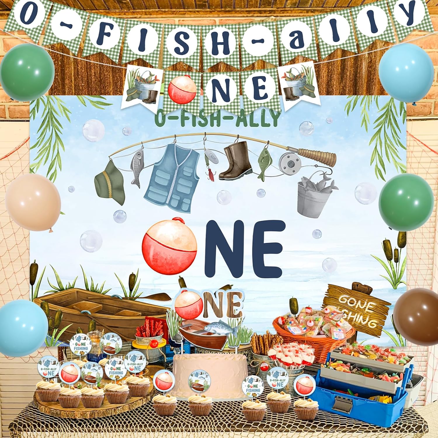 Sursurprise Fishing 1st Birthday Decorations, O Fish Ally One Backdrop Banner Gone Fishing Cake Topper Retro Balloons for Boys First Birthday Party Supplies - Image 2