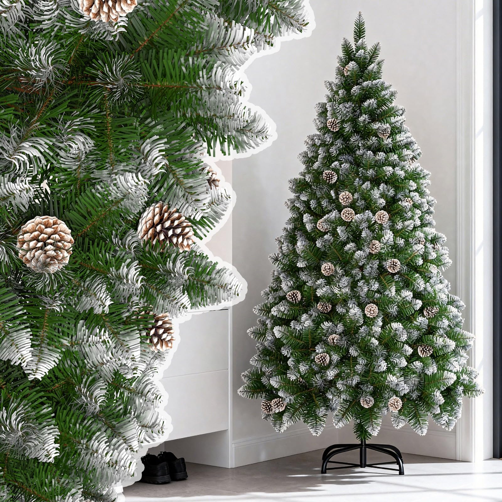 SAILUN Snow Christmas Tree, Green PVC with Snow Effect, Pine Cones, Snow Flocked Christmas Tree, Artificial Christmas Tree with Metal Stand, Christmas Decorations for Indoor Outdoor, 180 cm