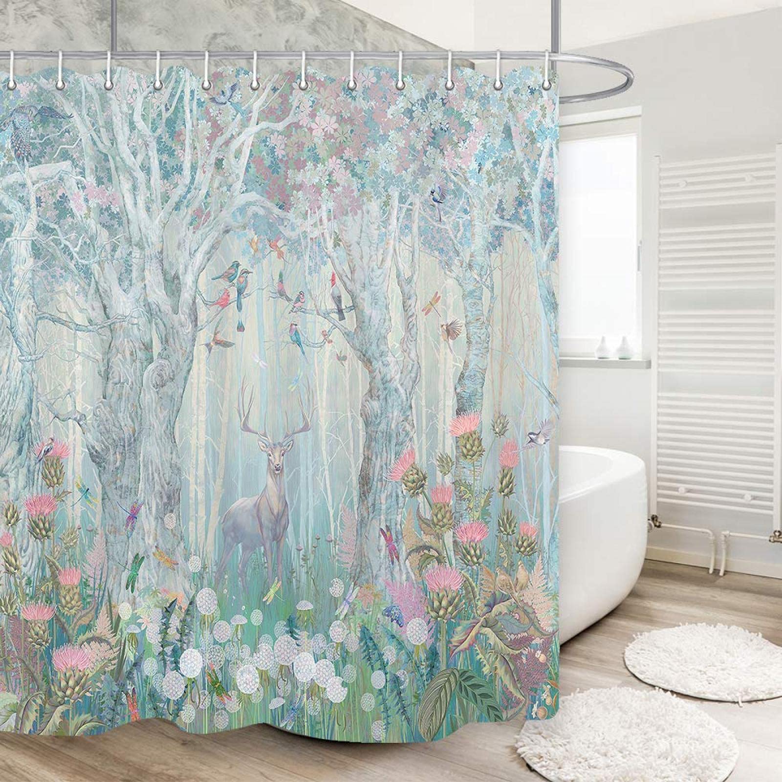 Duschvorhänge, wasserdicht, Wald mit Blumen, Vögeln, Schmetterlingen, Libellen, Stoffvorhänge für Badezimmer, Badvorhänge 240x200cm/BxH