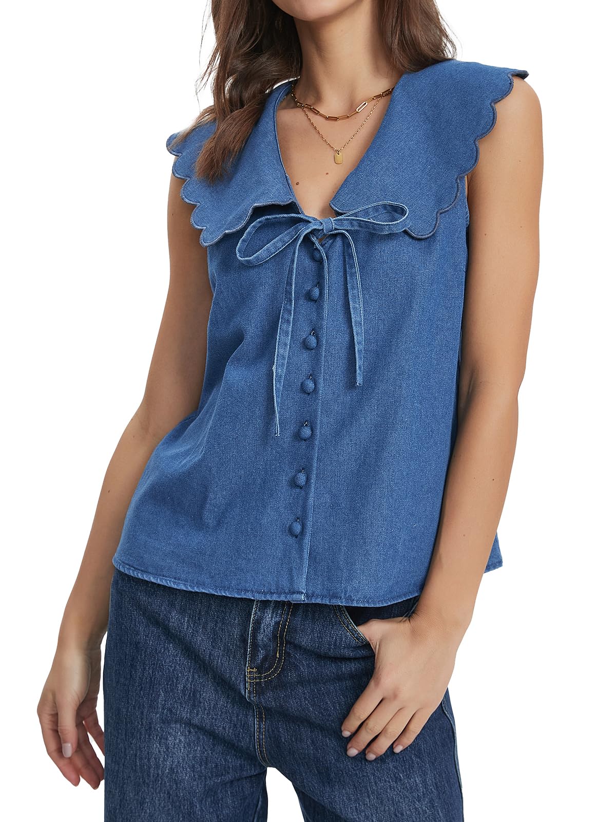 scofeel Women Denim Vest Sleeveless Bow Tie Front Button Down Jean Vest Tops Summer Peter Pan Collar Denim Tops-picture-28