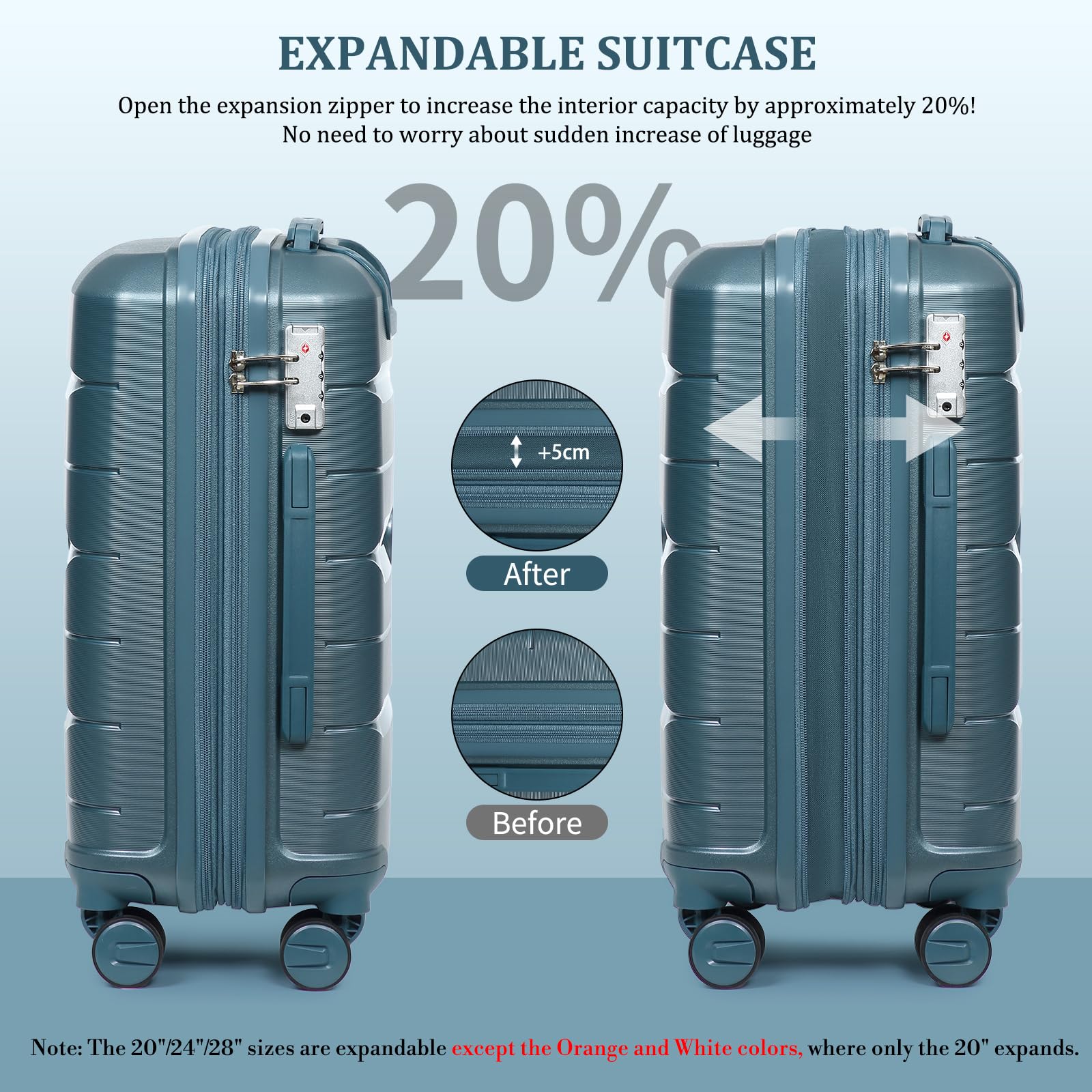 Sea choice Juego de 3 Maletas Expandibles con Neceser de Viaje Carcasa Dura PP Ruedas Giratorias 360° | Neceser, ultra ligero, juego de trolley de viaje, cierre TSA, 4 ruedas dobles, 100% polipropileno, pequeña + mediana + grande
