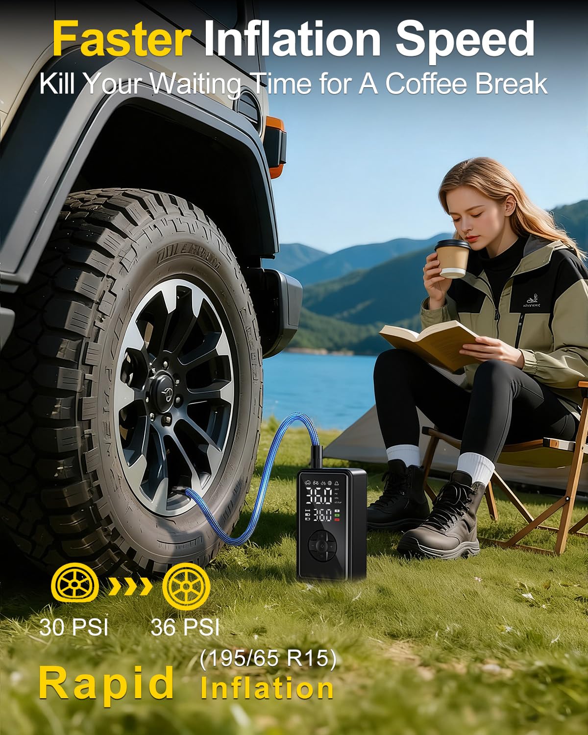 Tire Inflator Portable Air Compressor, Auto Air Pump for car tires with Digital Tire Pressure Gauge, Dual Digital LCD, Pocket Air Compressor for Cars, Bike, Motorcycle, Ball