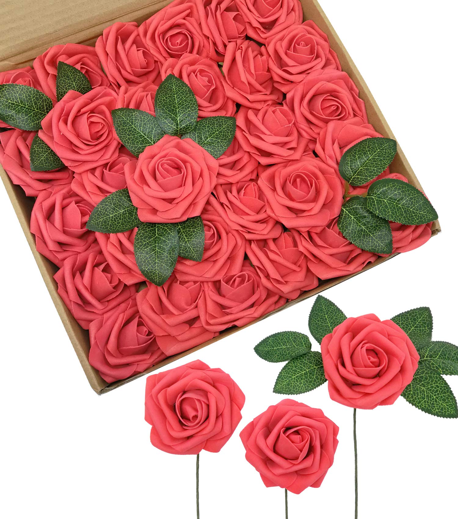 50 Rose Artificiali In Schiuma PE - Oro E Rosa Nero - Con Steli E Foglie - Per Matrimoni, Centrotavola, Decorazioni Fai Da Te
