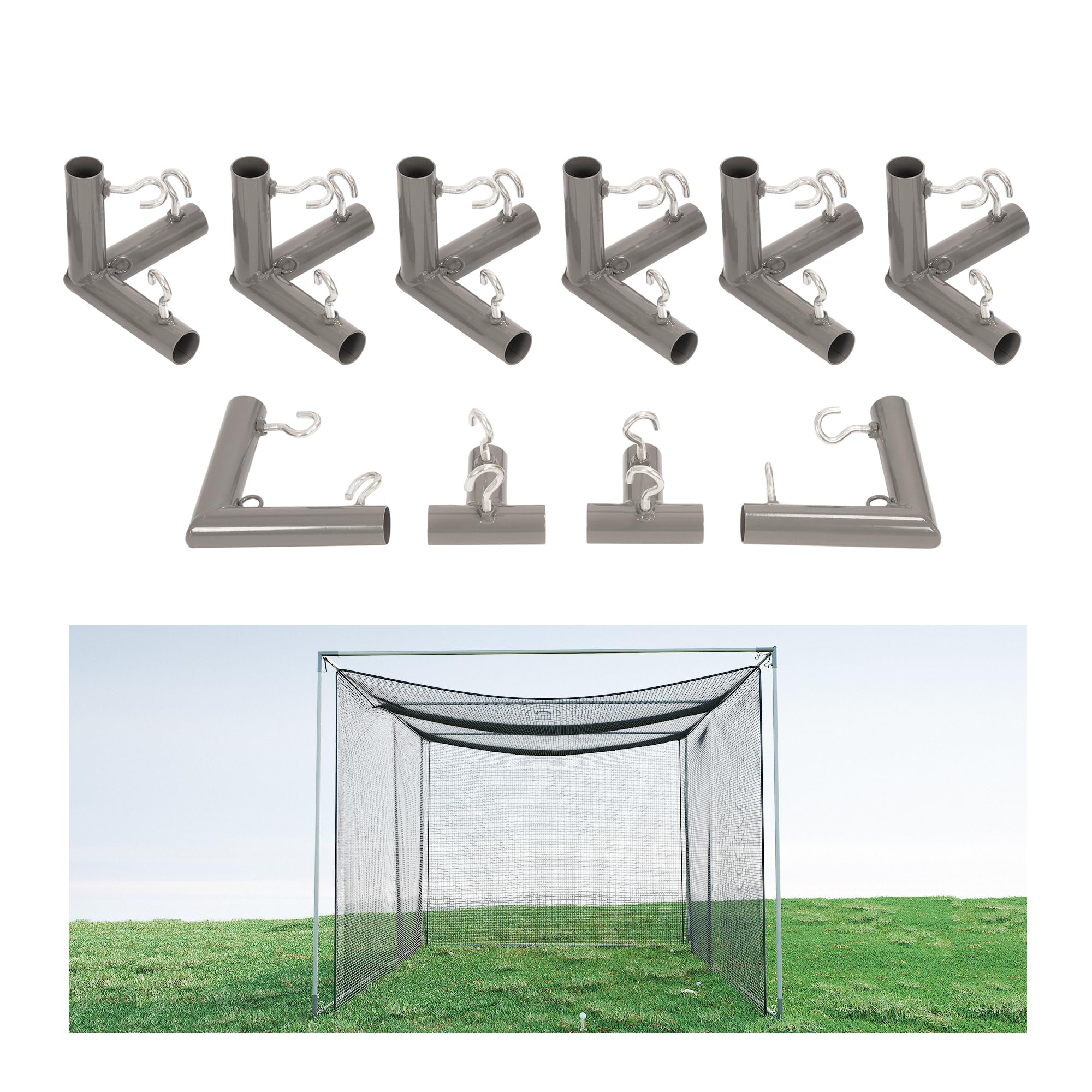 Gelacie Golf Frame Triple Corner Bracket Powder Coated 10 Piece Kit with Threaded Eye-Bolts for Golf Practice Cage Nets, Backyard, Indoor, Outdoor, Home Gray Color