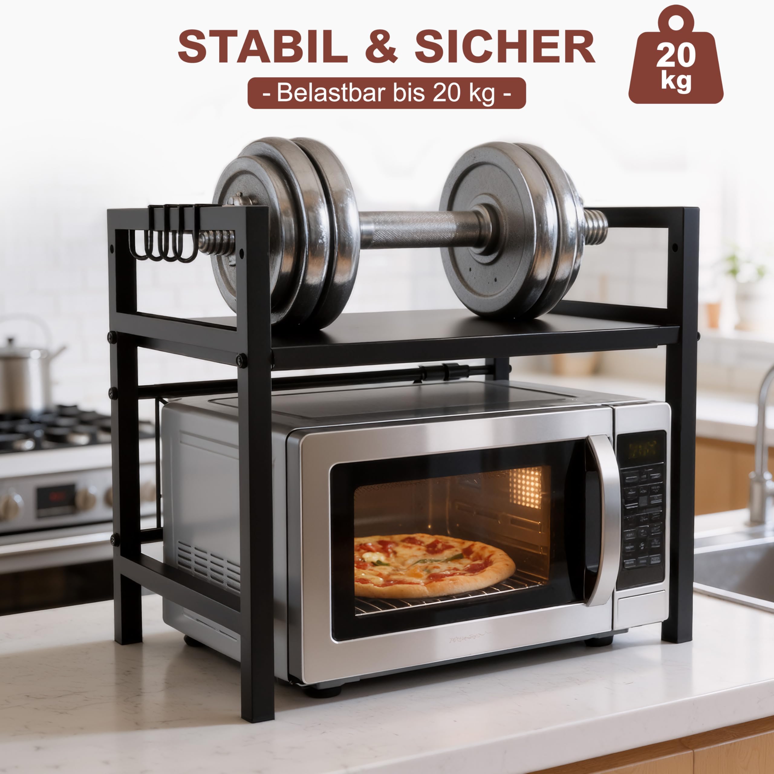 Ribelli Erweiterbares Mikrowellenregal 2 Stufig, Küchenregal Stehend Stahl, Mikrowellen Regal mit 3 Haken, Mikrowellenständer für Arbeitsplatte, Vorratsregal Bäckerregal, Schwarz