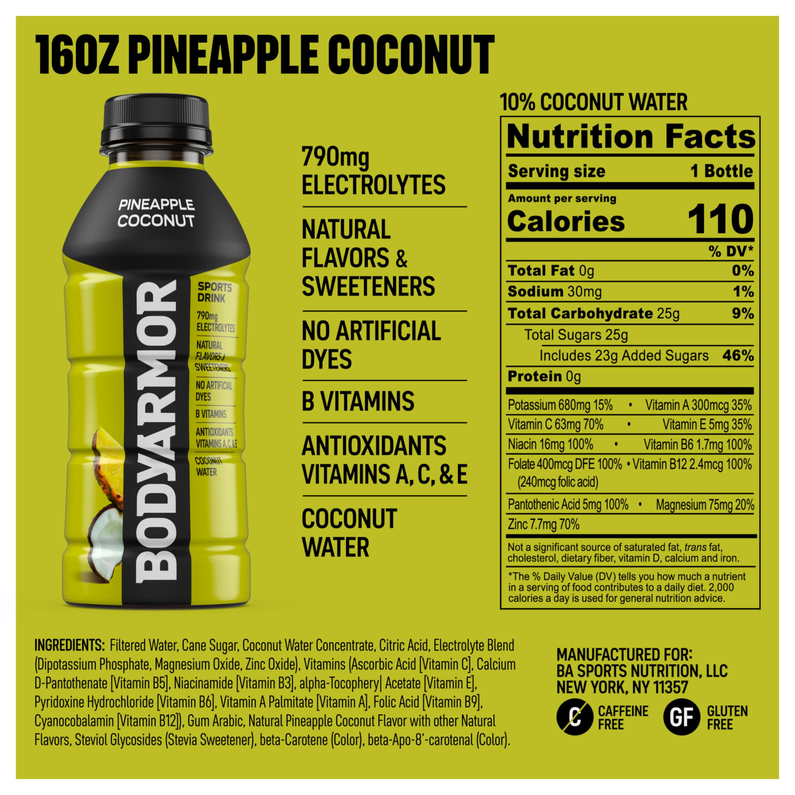 BODYARMOR Sports Drink Sports Beverage, Pineapple Coconut, Coconut Water Hydration, Natural Flavors With Vitamins, Potassium-Packed Electrolytes, Perfect For Athletes, 16 Fl Oz (Pack of 12)