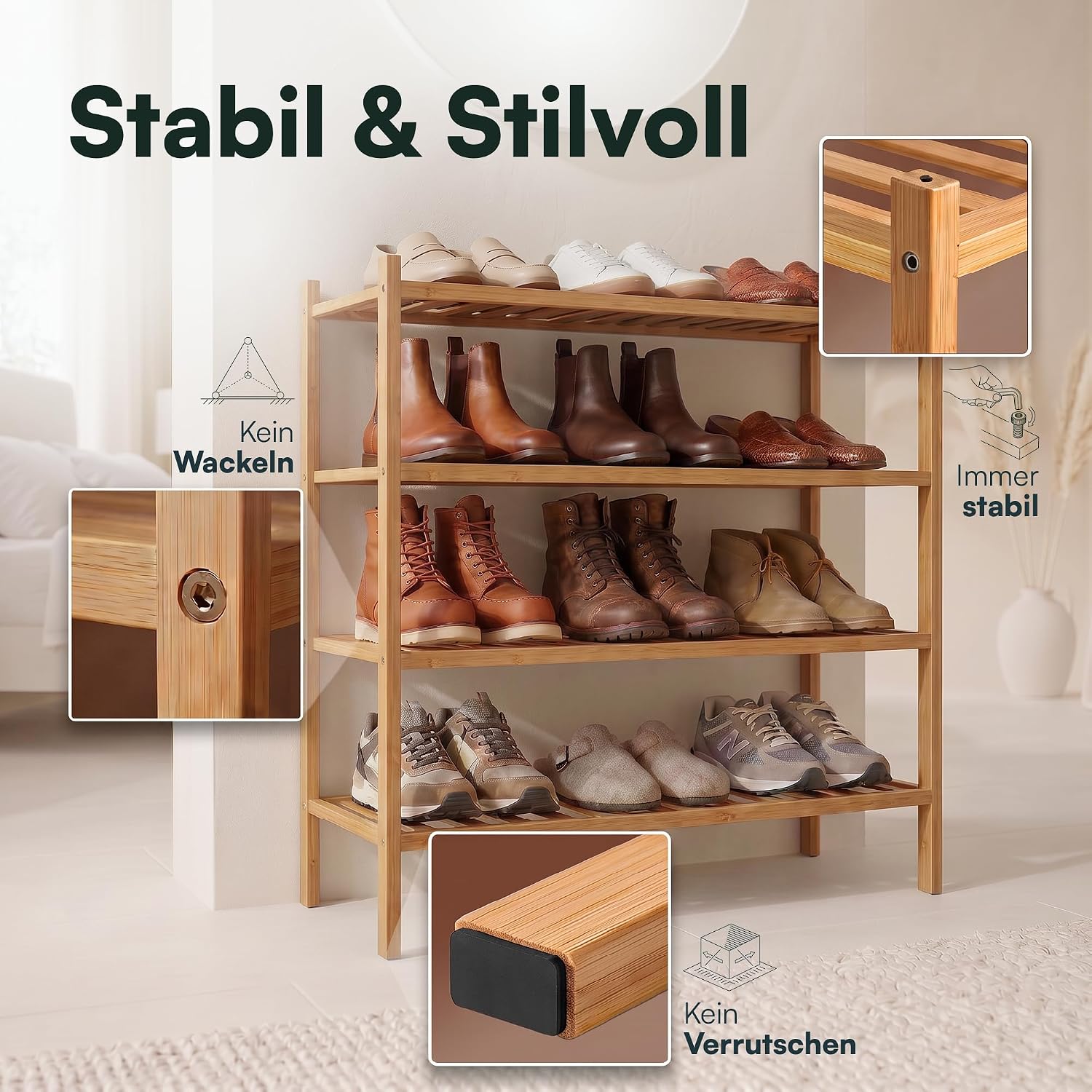 Bamboo Shoe Rack, Shoe Rack with 4 Levels, 68 x 28 x 64 cm, Expandable Stackable, Shoe Cabinet Wood, Shoe Rack, Shelf for Living Room or Hallway (Bamboo) image 5