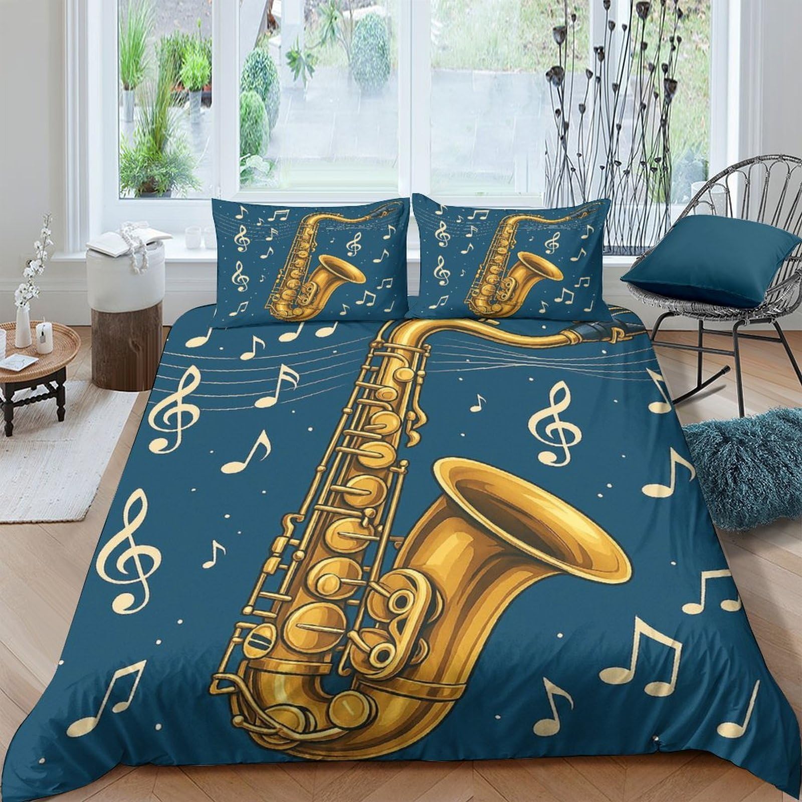 Ctjqhvkz Style-8 3D Printed Saxophone Music Pattern Fitted Sheet Microfiber Soft Anti-Slip Bed Cover For Bedroom Guest Room Decor Single（135X200cm）