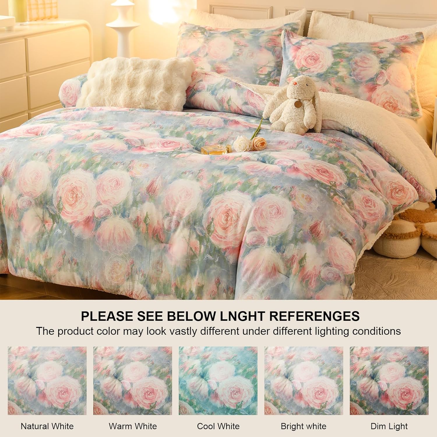 Cyusri Floral Print Sherpa Comforter Set 3Pcs Warm Fluffy Queen Size Bedding Set with 2 Pillowcases Garden Leaf Pink Flowers Pattern Down Alternative, 90"x90"